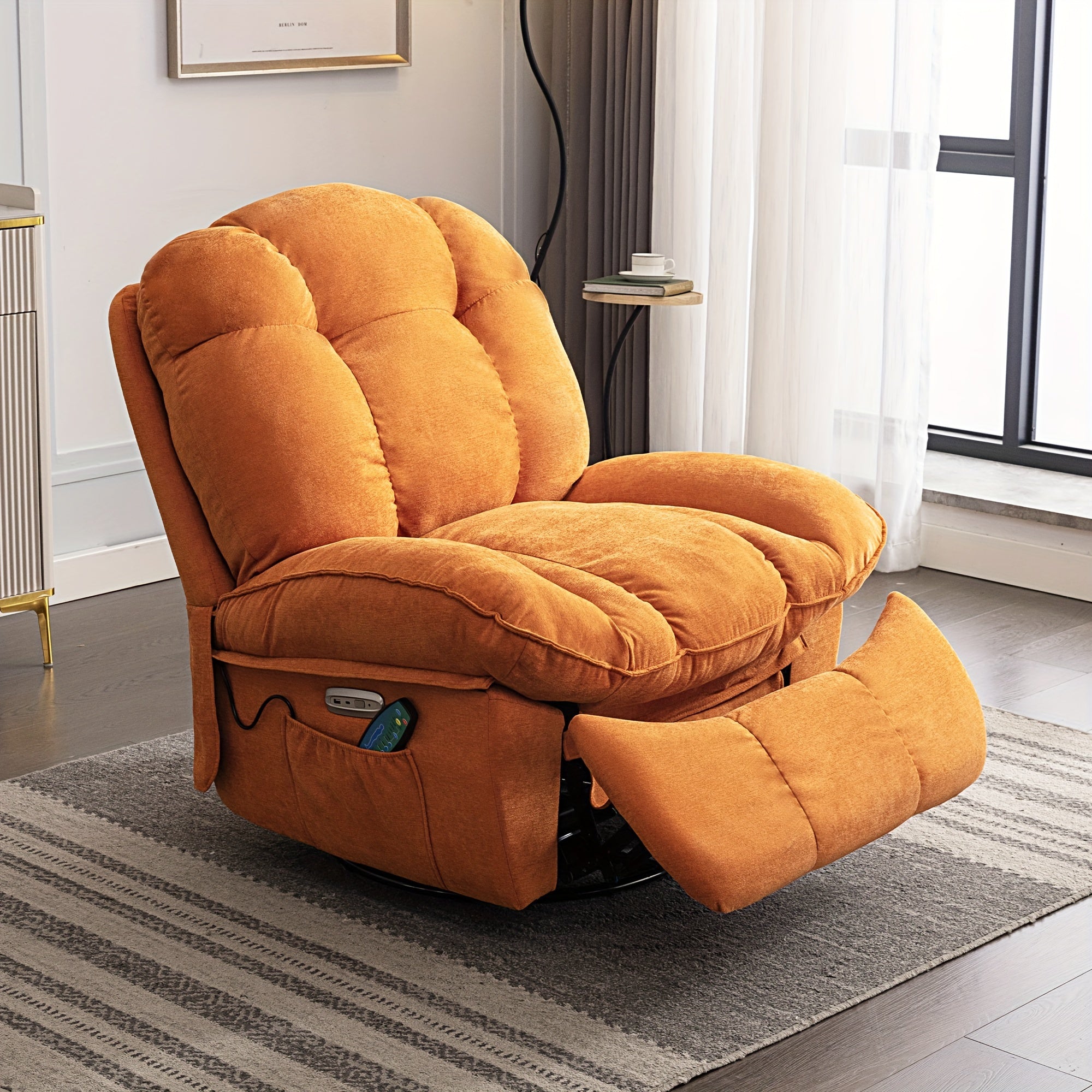 Luxury Overstuffed Swivel Recliner Chair with Vibration Massage & Heating - Modern Single Sofa Glider, Soft Fabric, Metal Frame for Living Room - Available in Orange-Red, White, Green, DYHOME