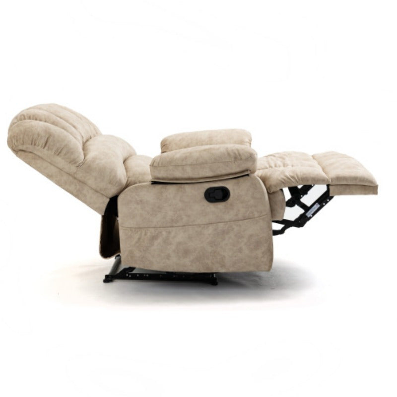 Luxurious Beige Fabric Recliner Chair with Padded Headrest and Side Pockets - Sturdy Metal Frame, Manual Adjustment, Ideal for Living Room Comfort, Chair Cushion