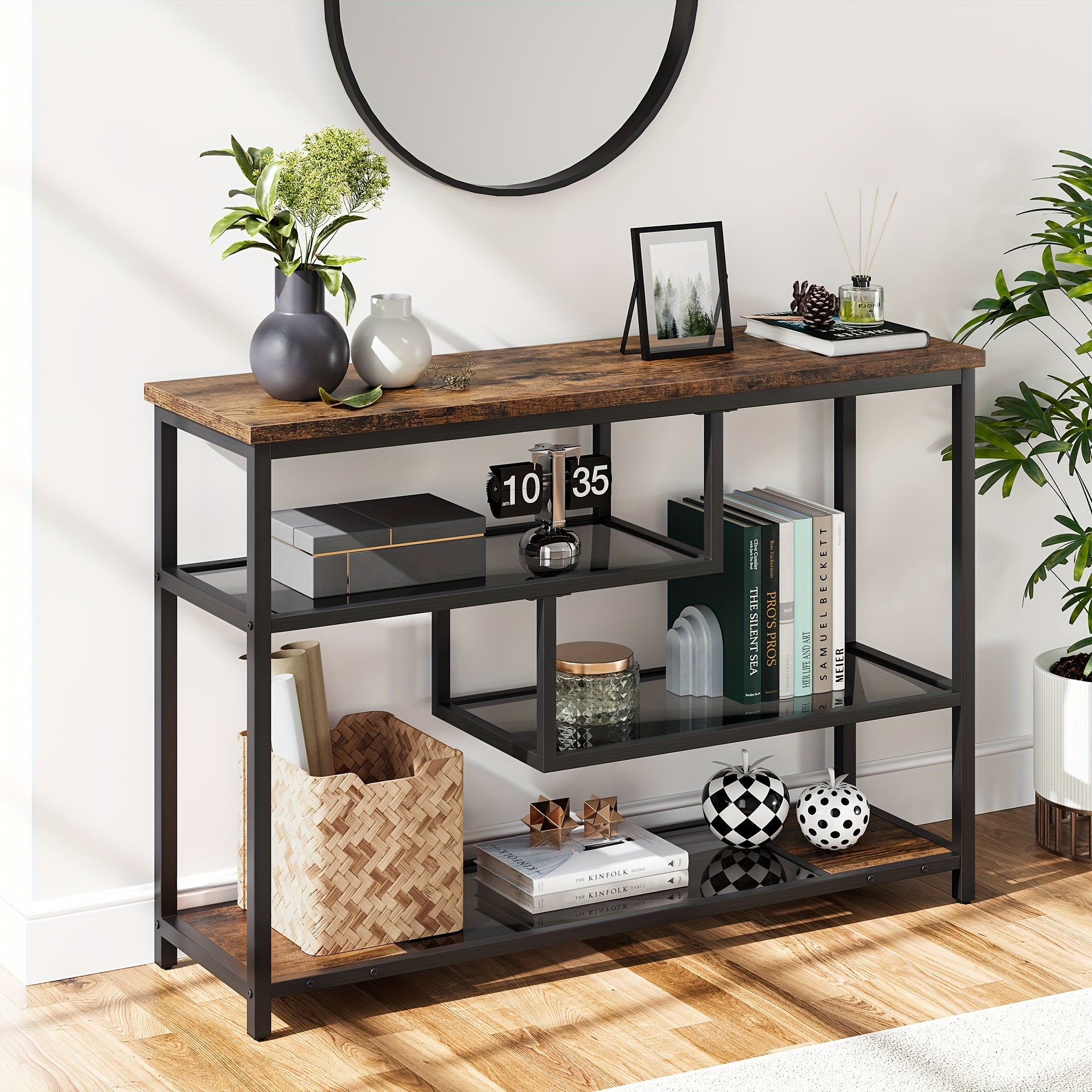 Entryway Table, 4-Tier Sofa Tables Narrow Console Table With Glass Shelf And Metal Frame, Behind Couch Table Industrial Hallway Table For Living Room, Foyer, Bedroom, Rustic Brown