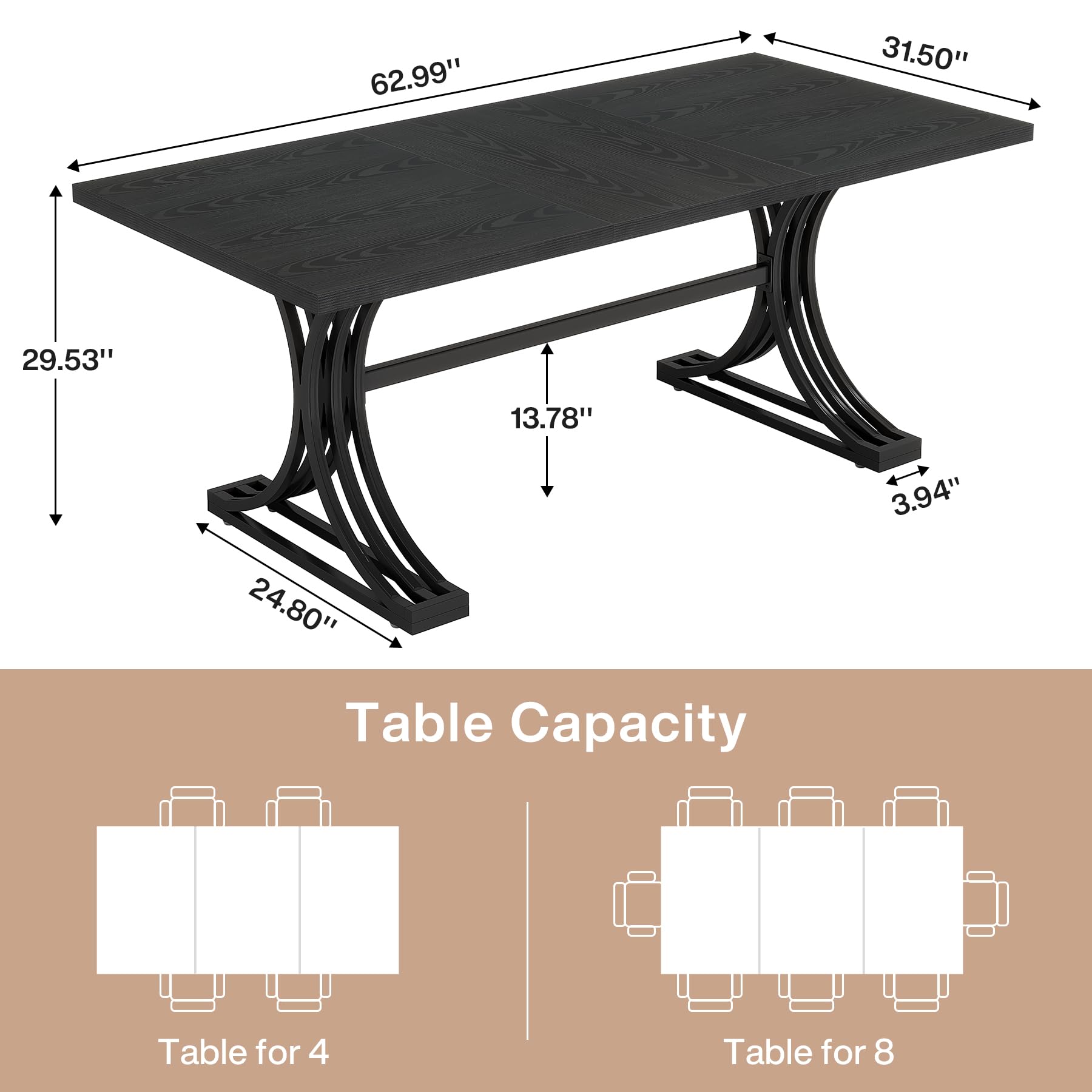 160cm Rectangular Dining Table for 4 to 6, Modern Kitchen Table with Stylish Metal Trestle Legs, Large Dinner Table for Dining Room, Chair Not Included (Grey+Black)