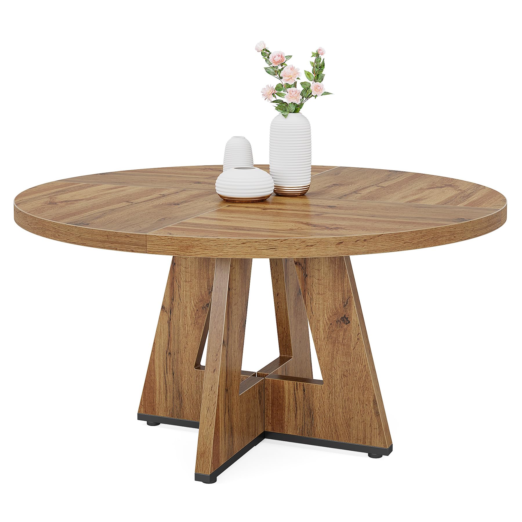 Round Dining Table Wood Kitchen Table for Dining Room Living Room, 119cm Dining Room Tables for 4 People, Farmhouse Dinner Table with Wooden Table Top and Legs, Rustic Brown(Only Table)