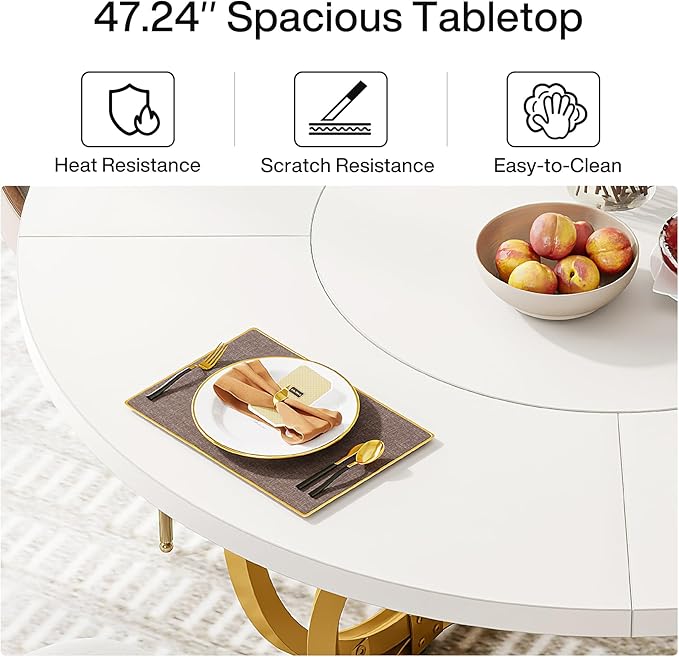 Modern Round Dining Table for 4, 119cm White Kitchen Table with Golden Metal Base, Wood Dinner Table Coffee Table for Kitchen, Dining Room, Café (White and Gold)