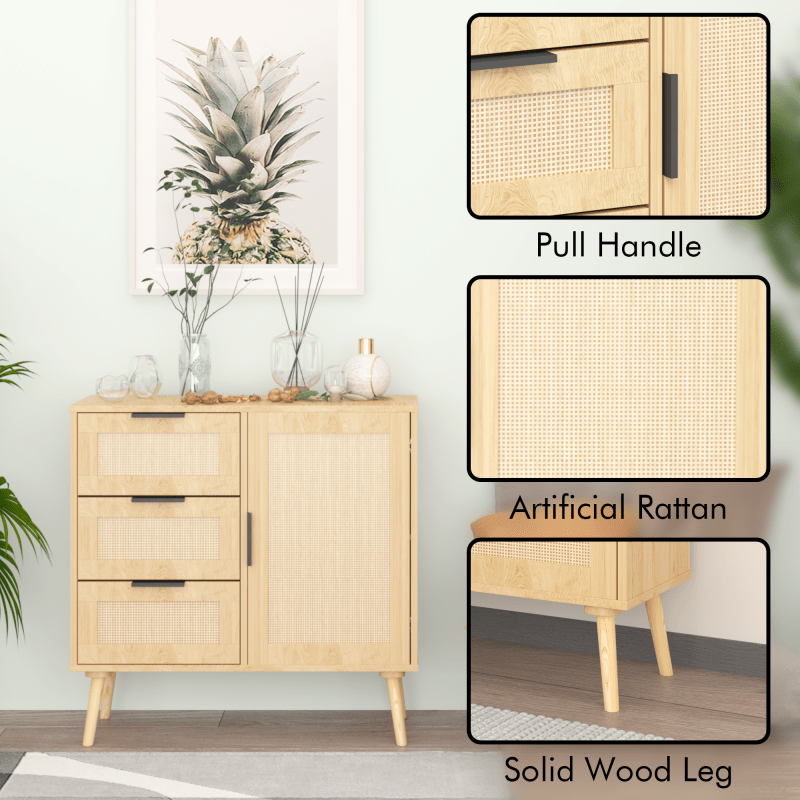 Chic Modern Rattan & Wood Dresser with Natural Woven Texture - 3-Drawer Storage Cabinet with Black Handles, Open Compartments for Bedroom, Living Room, Entryway - No Power Needed, Dresser for Bedroom