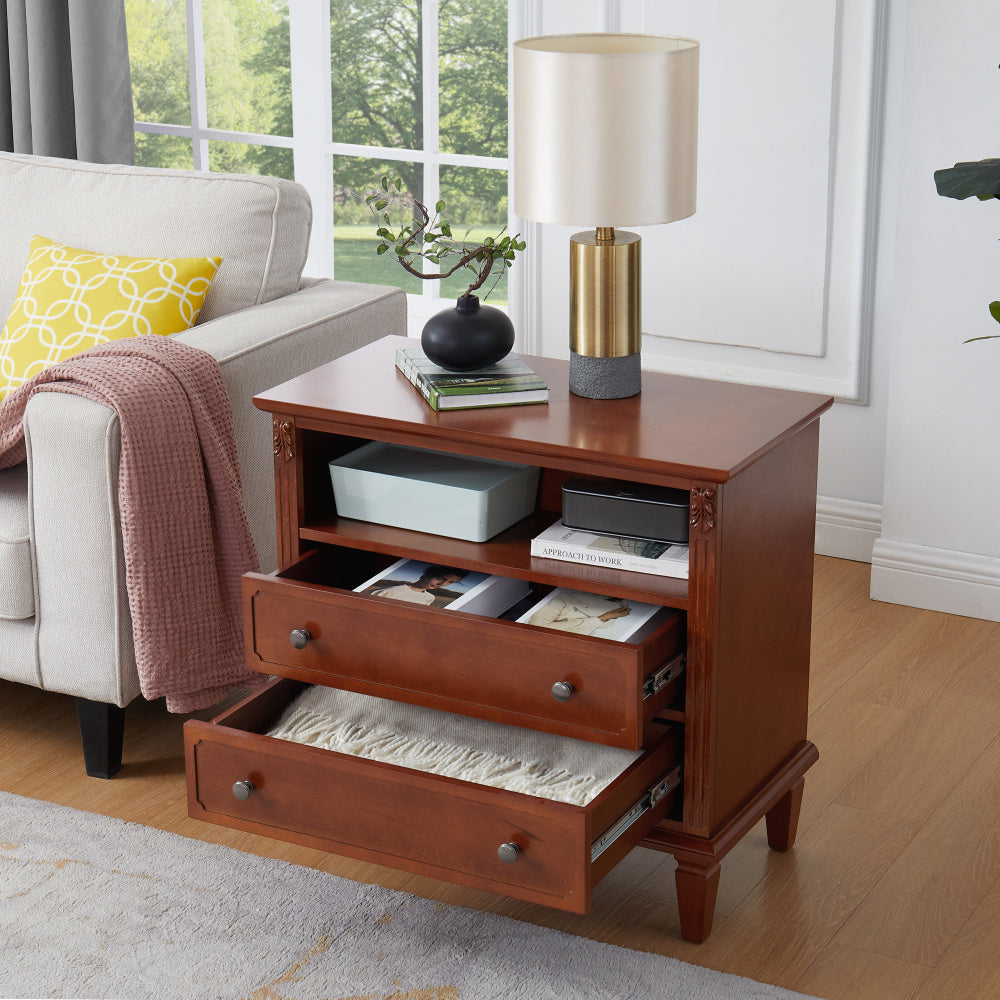 Open Space and 2 Drawers Dresser Nightstand, Fluted Pilasters Design Side Table with Solid Wood Legs for Bedroom