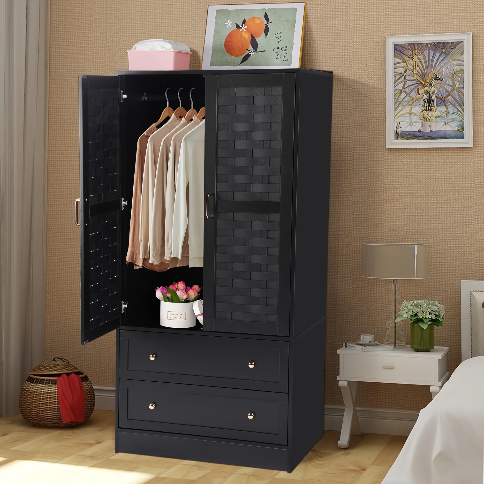 Armoire Wardrobe Closet, White Wardrobe Cabinet with 2 Woven Doors And 2 Storage Drawers, Freestanding Hanging Rail Closet, Easy-to-assemble, Bedroom Furniture