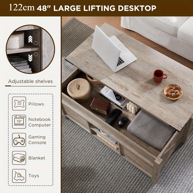 Farmhouse Lift Top Coffee Table with Sliding Door 48-Inch Spacious Rustic Center Table: Equipped with Hidden Storage