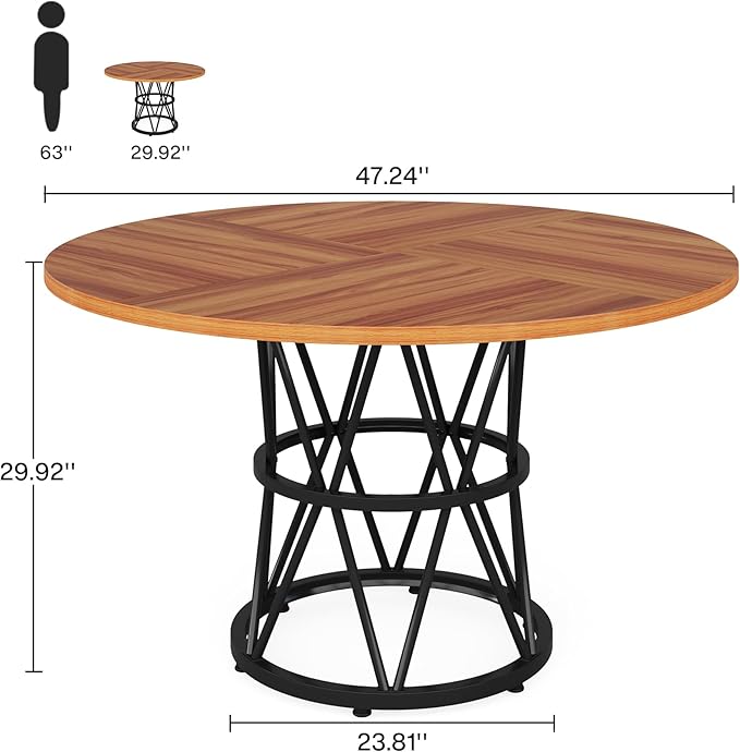 Round Dining Table for 4, 119cm Kitchen Table Circle Dinner Table, Wood Dining Room Table for Kitchen Living Room, Metal Base, Brown & Black