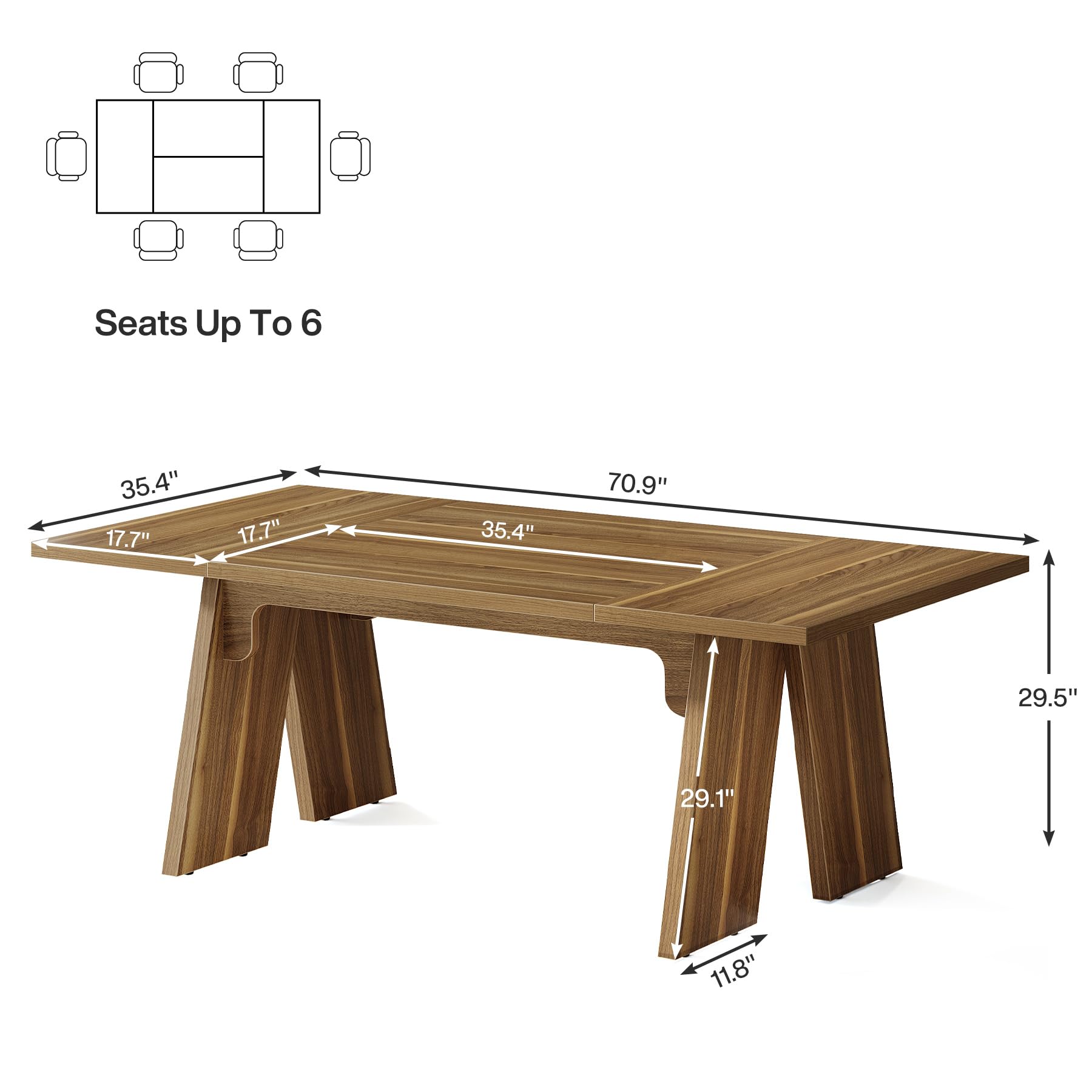 180cm Large Dining Table for 6 People, Farmhouse Dinner Table, Rectangular Dining Table with Solid Wood Legs for Kitchen, Dining Room, Living Room (Chairs Not Included)