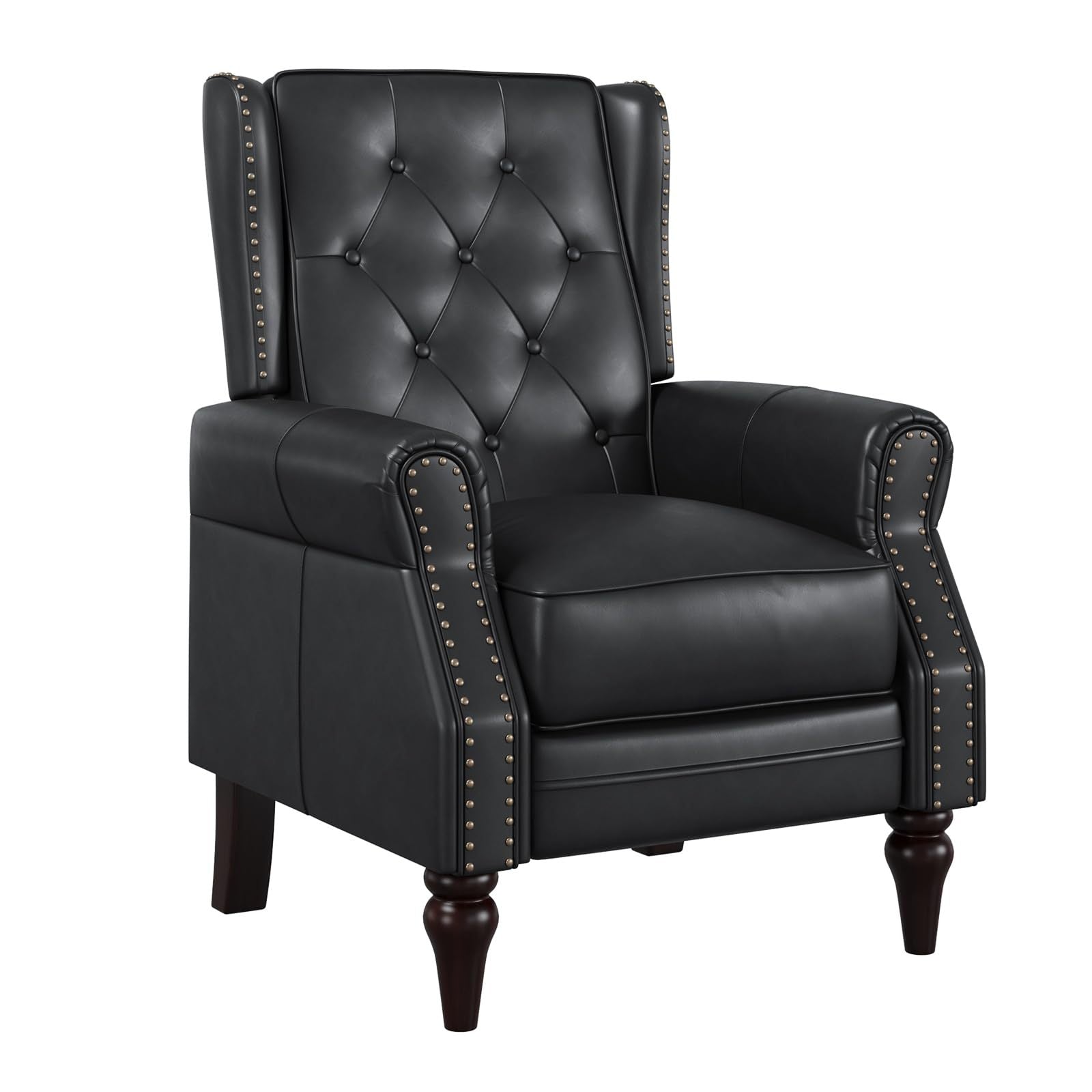 Faux Leather Recliner, Single Sofa Chair with Riveted Inlay and Tufted Buttons, Adjustable Back Armchair, Lazy Club Chair with Wooden Legs, Black