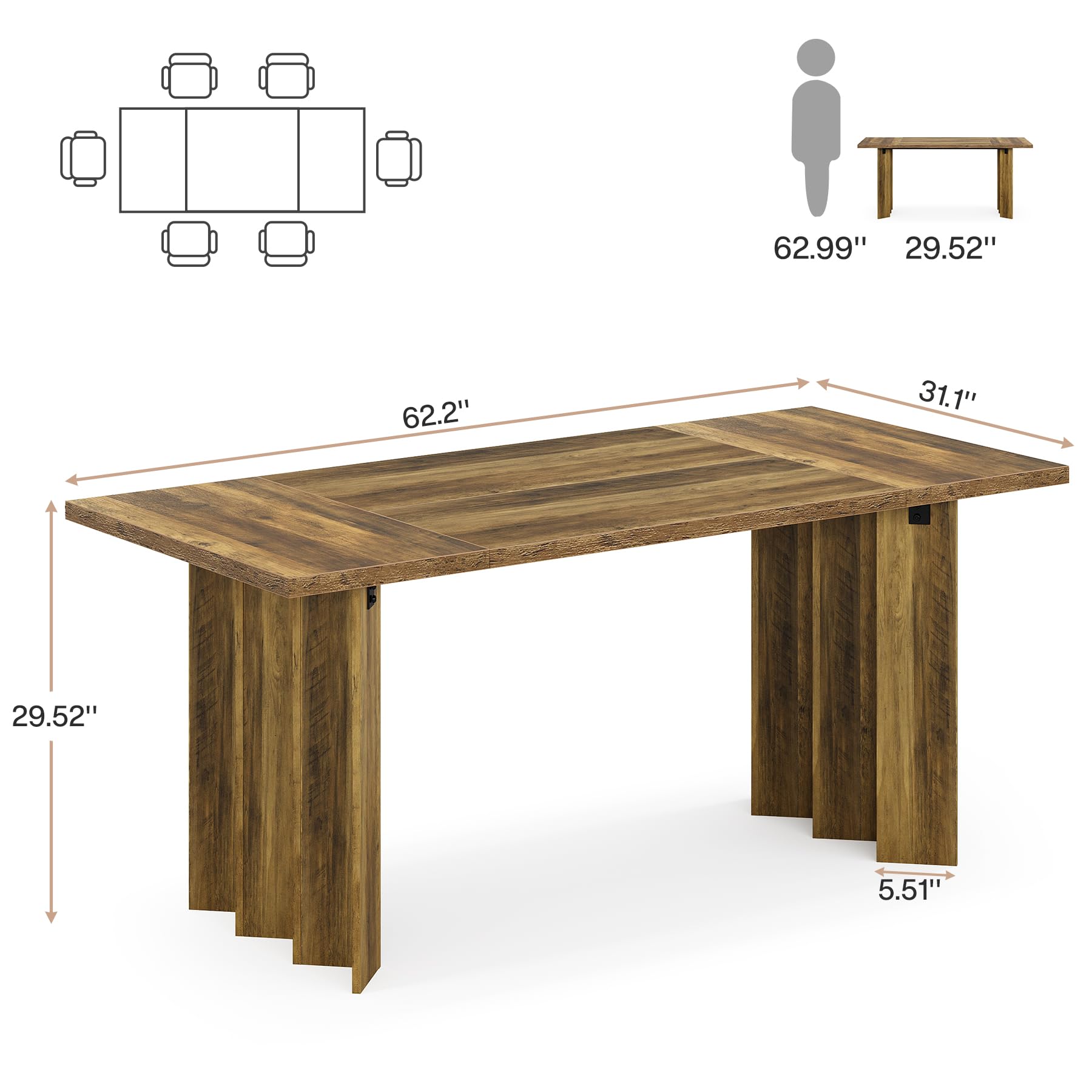 Wood Dining Table for 4-6 People, 158cm Farmhouse Kitchen Table Rectangular Dinner Table for Dining Room, Kitchen, Living Room, Rustic Brown