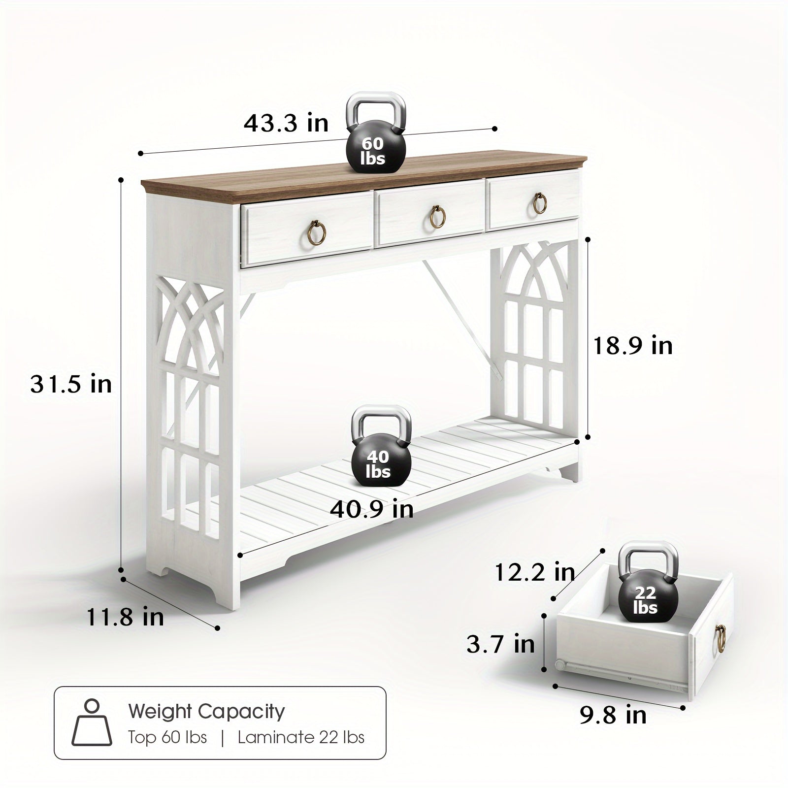 43" Console Tables For Entryway With Drawers, Farmhouse Entryway Table With Shelf, Narrow Long Entry Table With Solid Wood Legs, Rustic Vintage Sofa Foyer Tables For Entryway, White