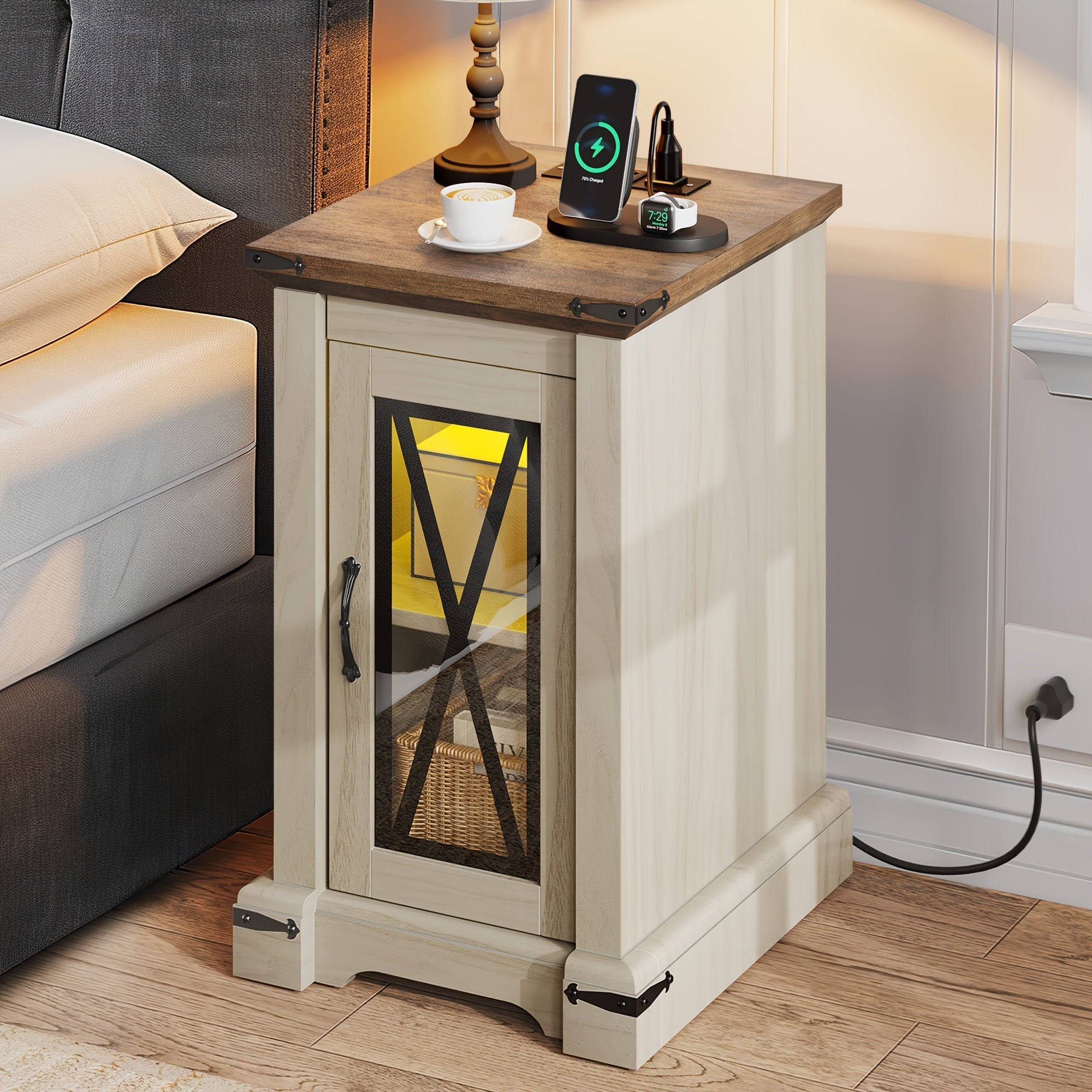 Sturdy Bedside Coffee Table with Charging Capabilities and Elegant Farmhouse Style