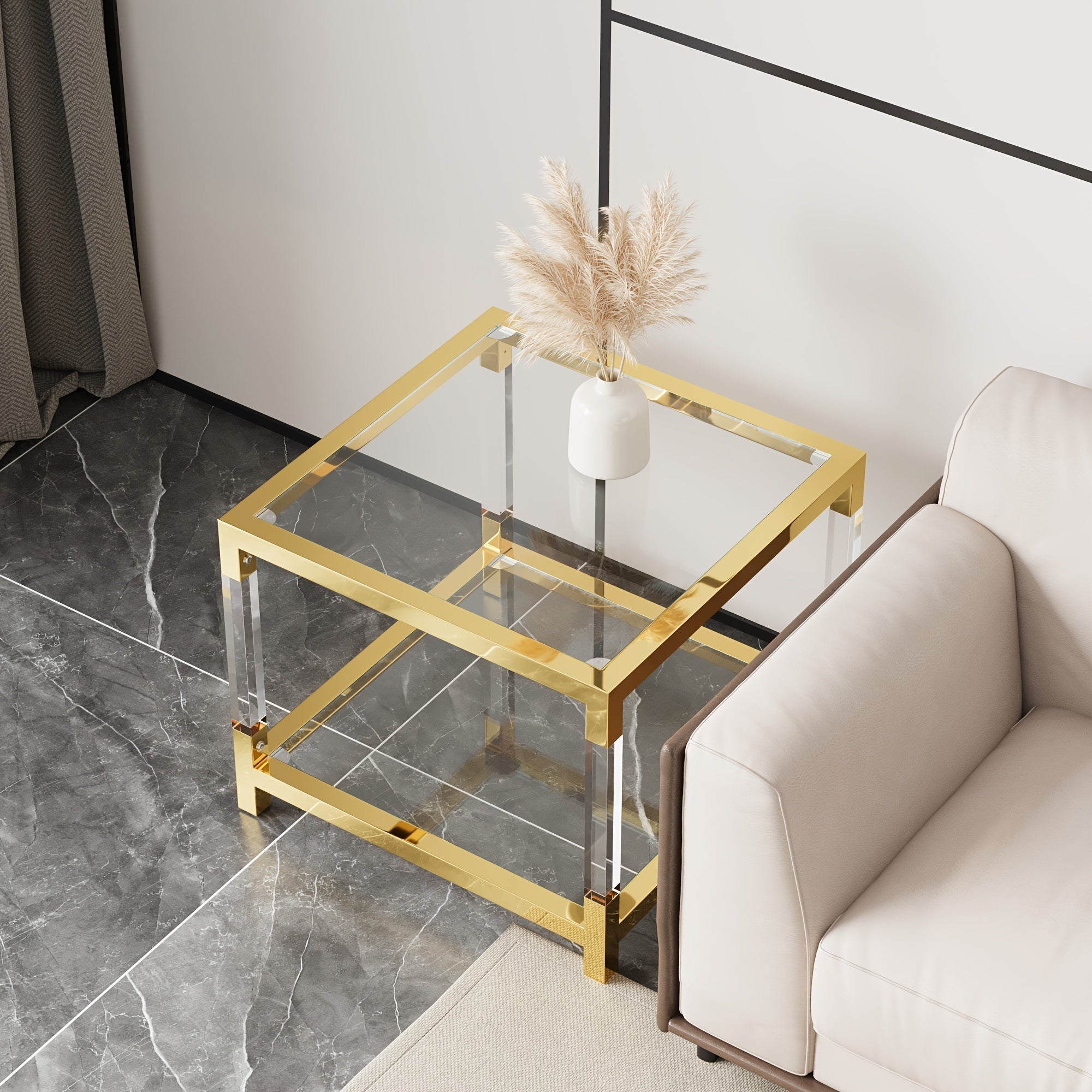 Modern Minimalist Style Coffee Table With High-quality Glass Tabletops, Gold Metal Frame And Transparent Acrylic Legs, Suitable For Living Room, Study, Office, Meeting Various Scene Needs.