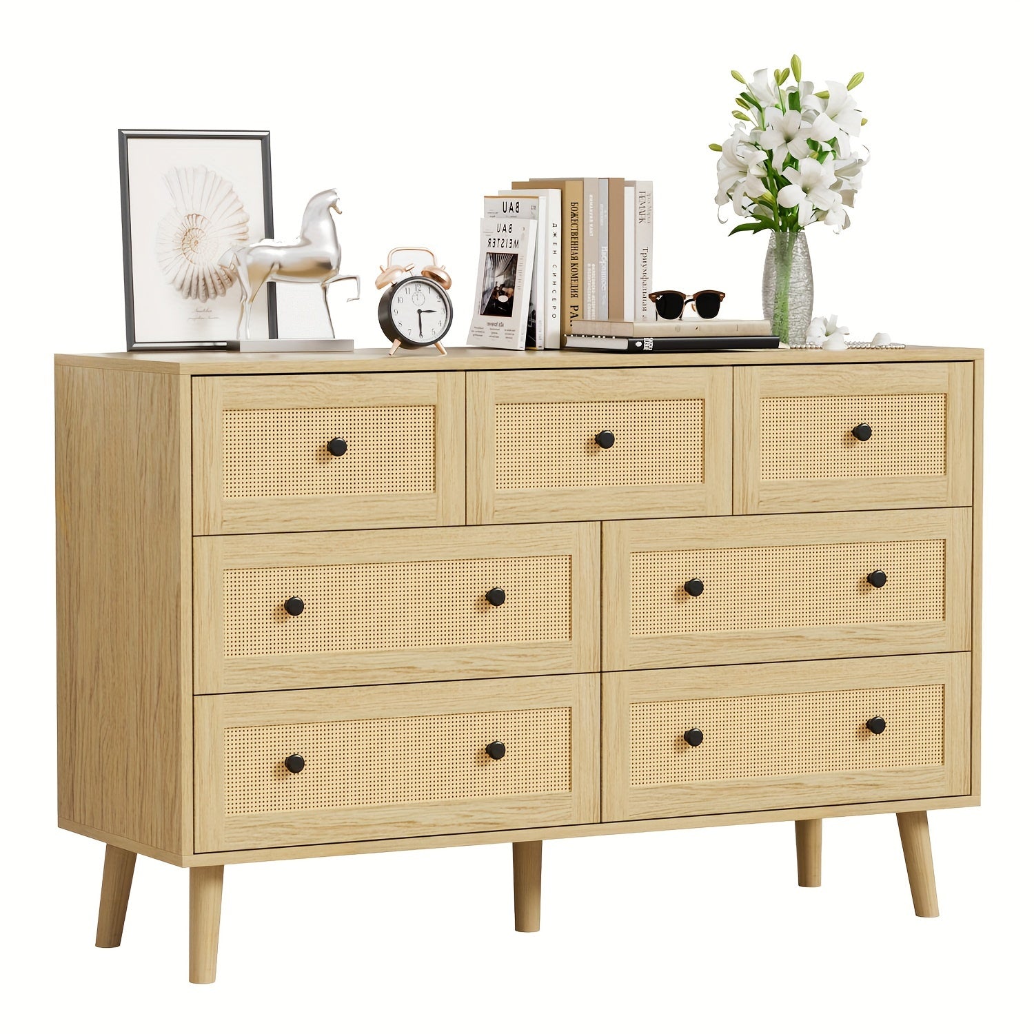 Rattan 7 Drawer Dresser For Bedroom, Wood Boho Double Chest Of Drawers With Storage And Gold Handle