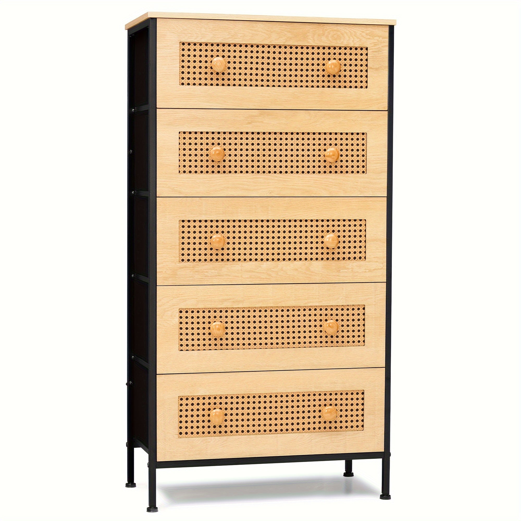 Dresser for Bedroom, Storage Drawers, Rattan Dresser Storage Tower with 5 Drawers, Chest of Drawers with Fabric Bins, for Kid room, Closet, Entryway, Nursery