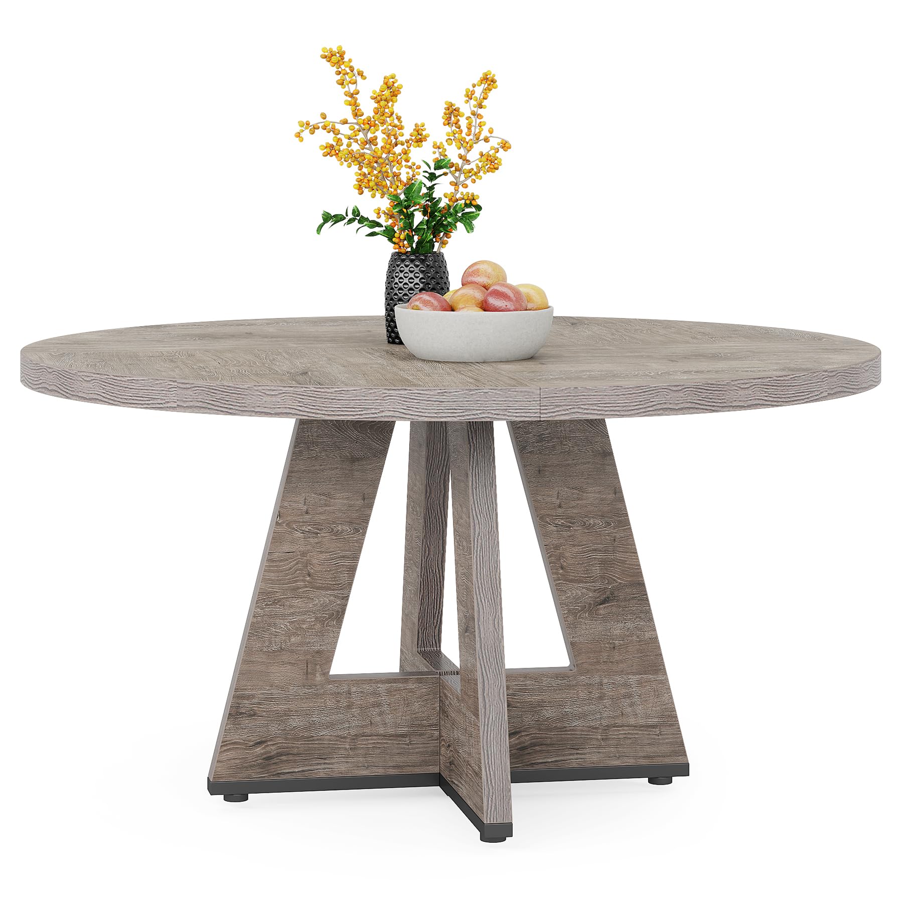 Round Dining Table Wood Kitchen Table for Dining Room Living Room, 119cm Dining Room Tables for 4 People, Farmhouse Dinner Table with Wooden Table Top and Legs, Rustic Brown(Only Table)