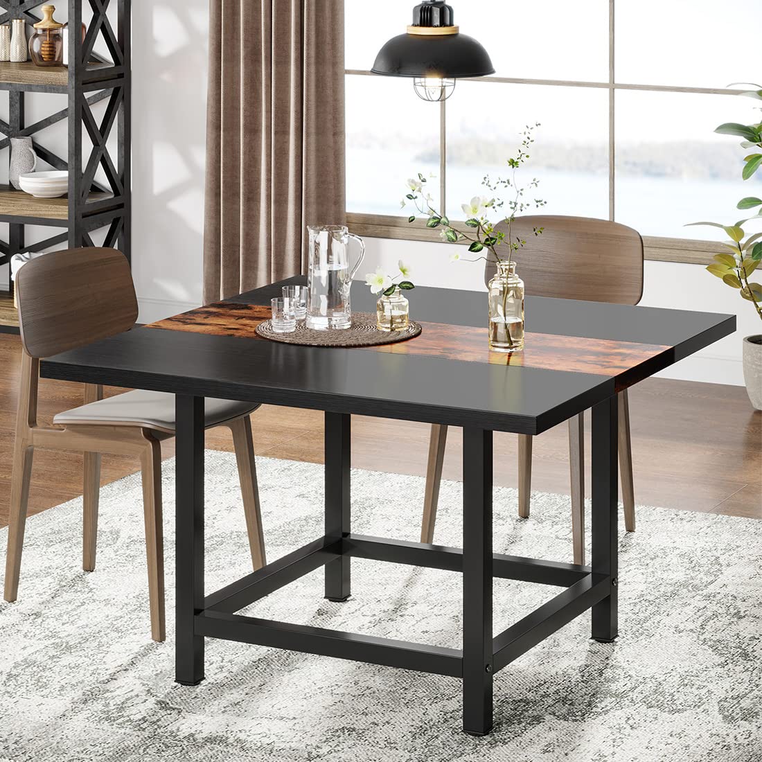 Square Dining Table for 4 People, Farmhouse 101cm Wooden Kitchen Table, Farmhouse 2 Person Dinning Table for Dinning Room &Small Space, Black&Retro (Rusitc&Black)