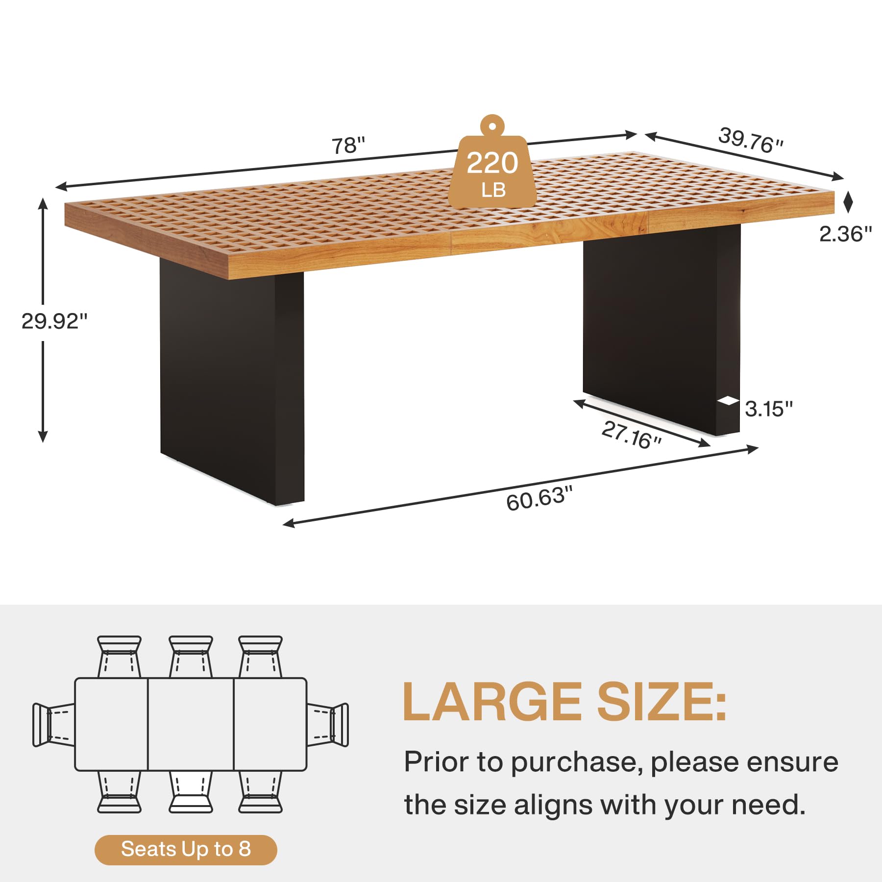 198cm Long Dining Table for 6 to 8, Modern Dining Room Table with Hollow Lattice Design and Metal Base, Large Rectangular Boxwood Dinner Table with 8 Placemats for Dining Room, Kitchen