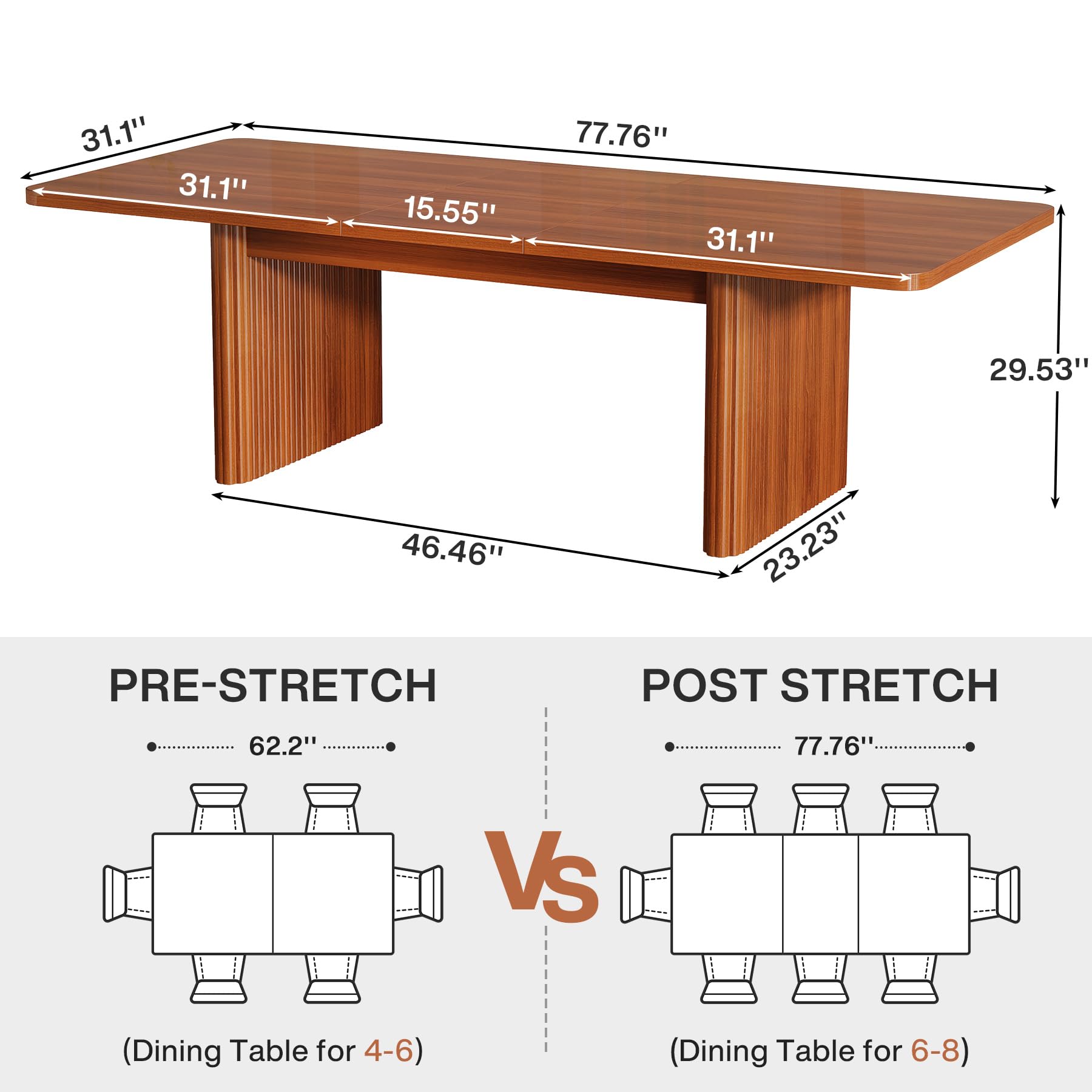 Extendable Dining Table, 180cm Fluted Dining Room Table for 6-8 People, Wood Kitchen Expanding Table for Dining Room & Kitchen, Walnut