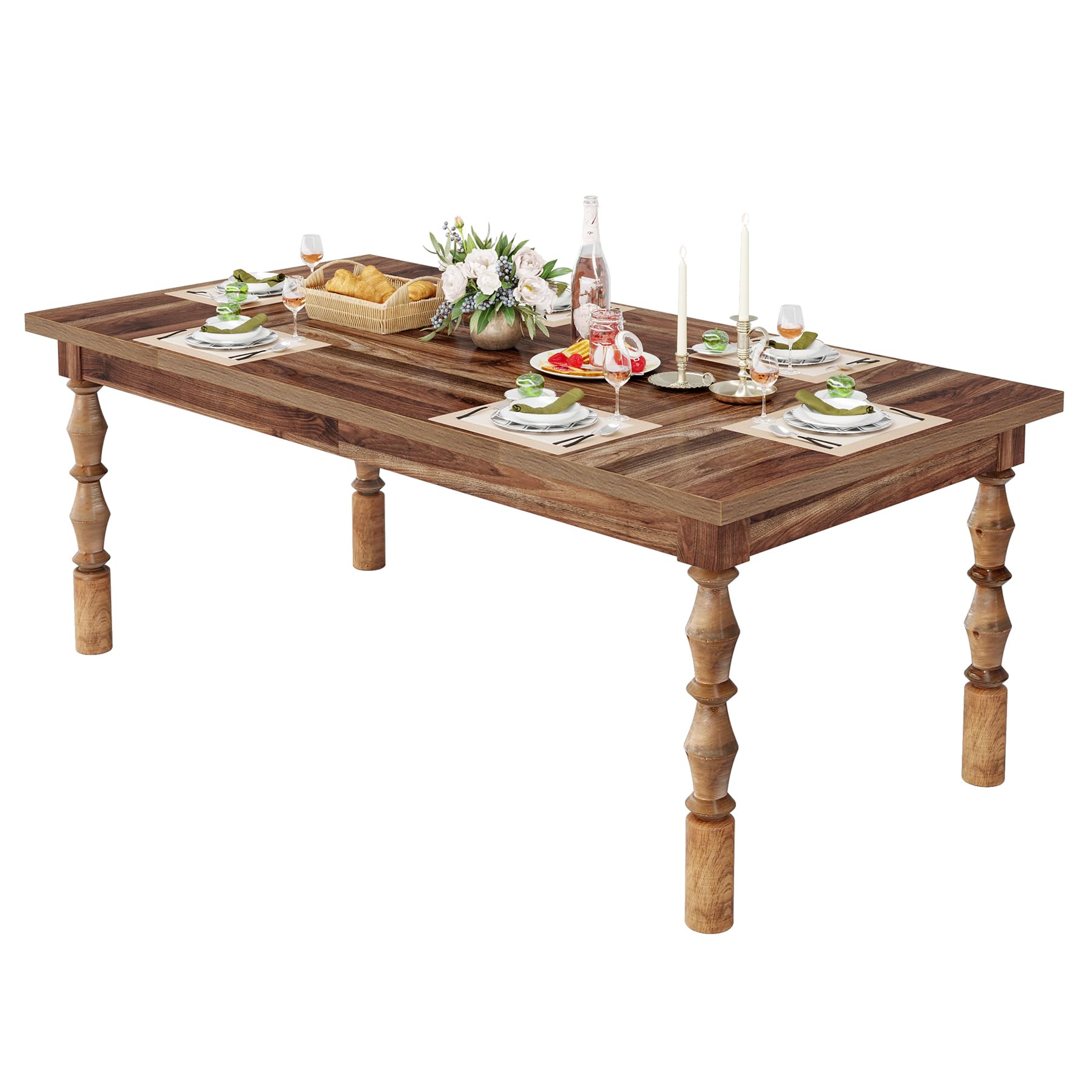 158cm Wood Dining Table for 4-6 People, Farmhouse Large Rectangle Kitchen Table, Dinner Table Kitchen & Dining Room Furniture with Carved Turned Legs, Walnut