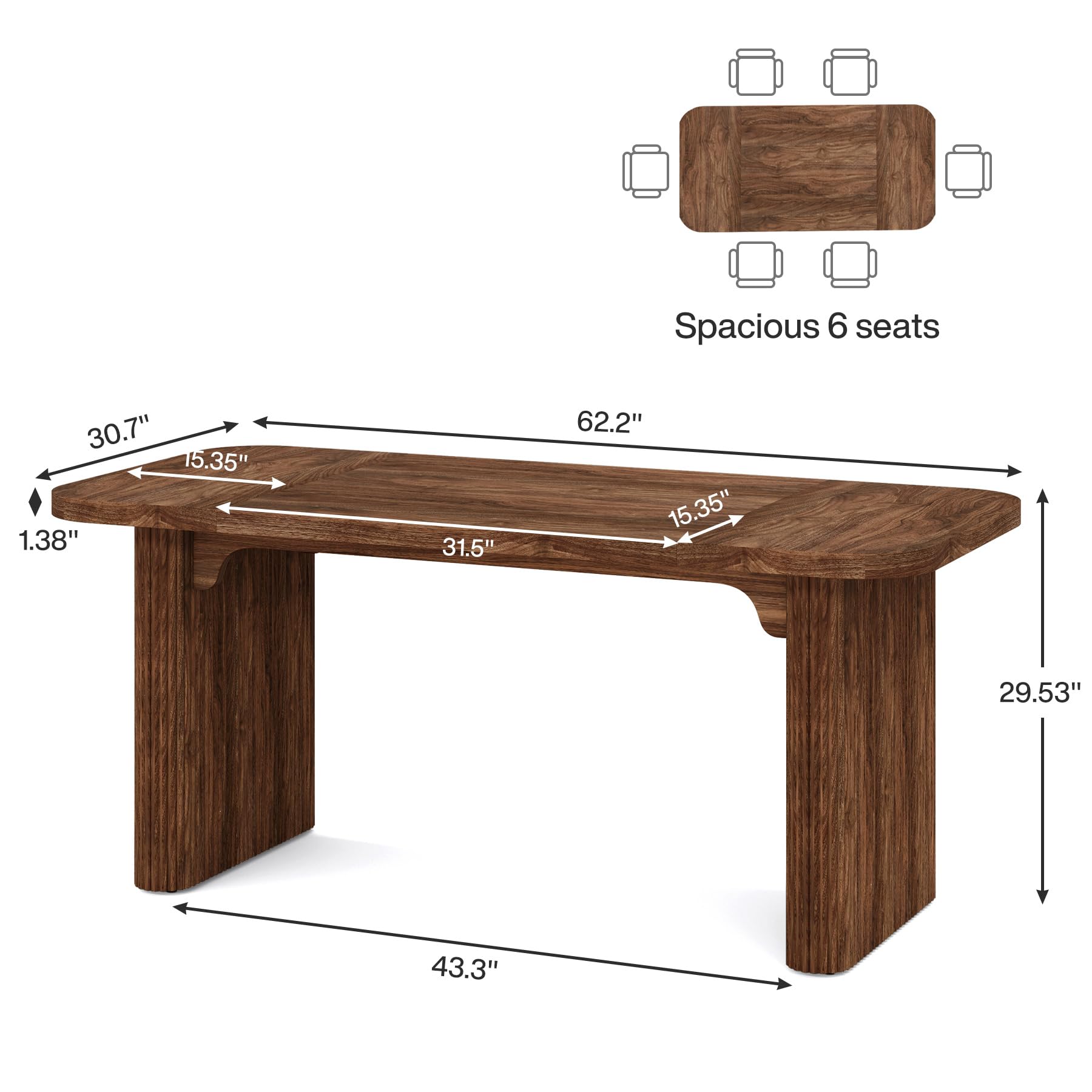 Kitchen Dining Table for 4-6 People, 160cm Modern Farmhouse Dining Table with Double Robust Pedestal, Long Rectangular Wooden Dinner Table for Dining Room (Only Table) (Brown)