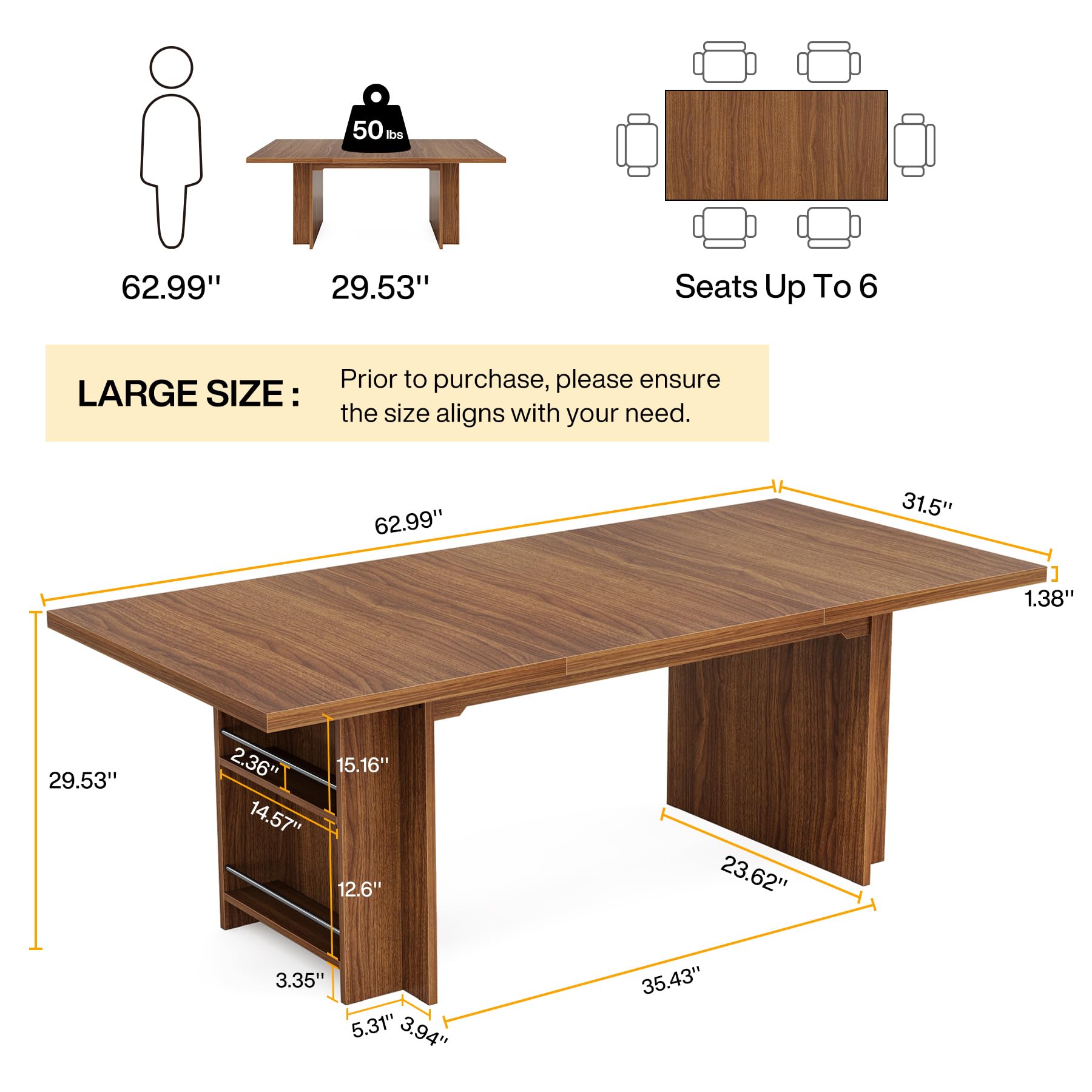 Farmhouse Dining Table for 6 to 8, 160cm Rectangular Wooden Kitchen Table with Storage, Industrial Dinner Table with Shelves for Dining Room, Kitchen, Living Room, Brown