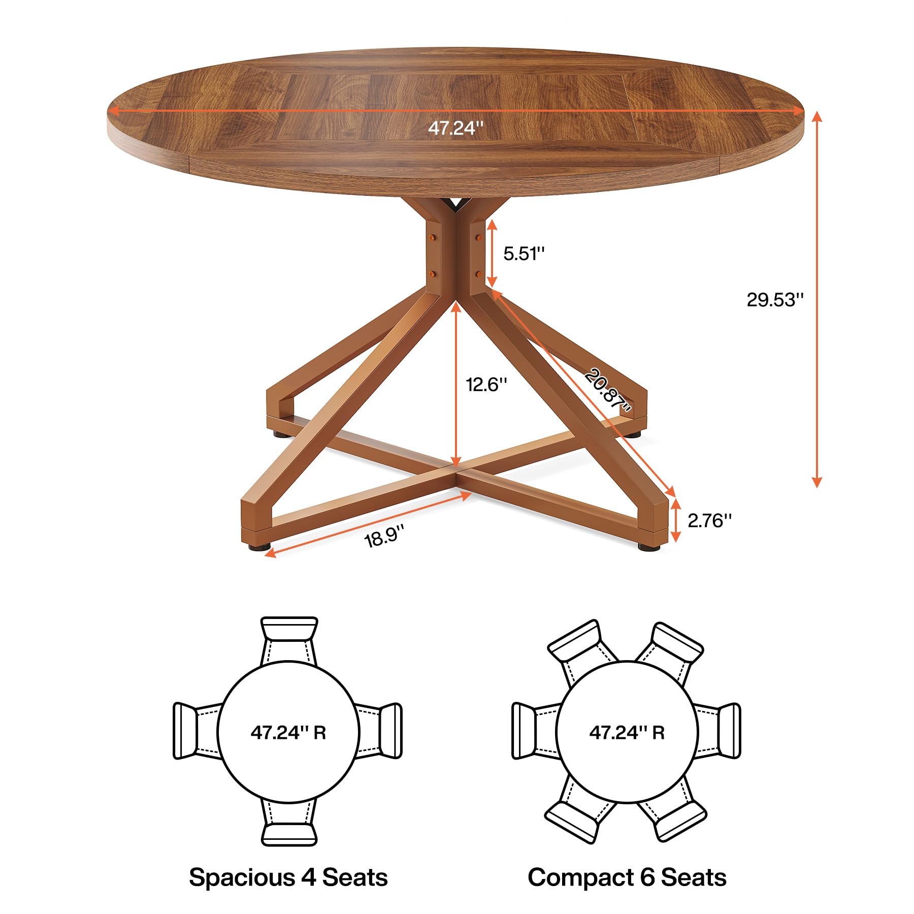 Round Dining Table for 4-6 People 119cm Circle Kitchen Table Dining Room Table with Metal Pedestal Base Wood Dinner