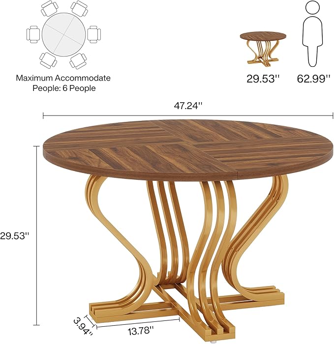 120cm Round Dining Table for 4, Farmhouse Wood Kitchen Table with Gold Metal Base, Circle Dinner Table Dining Room Table for Kitchen, Living Room, Rustic Brown