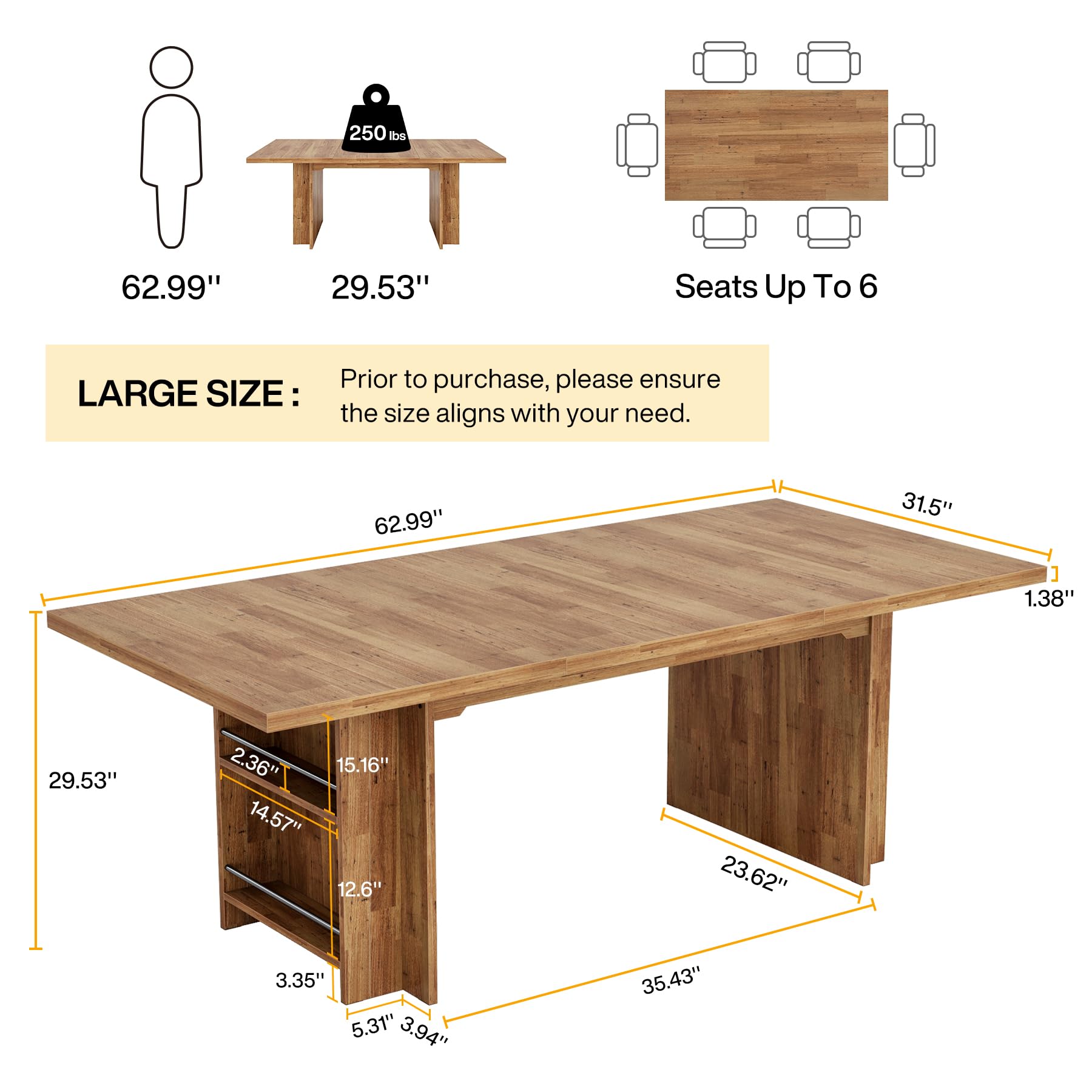 Farmhouse Dining Table for 6 to 8, 160cm Rectangular Wooden Kitchen Table with Storage, Industrial Dinner Table with Shelves for Dining Room, Kitchen, Living Room, Brown