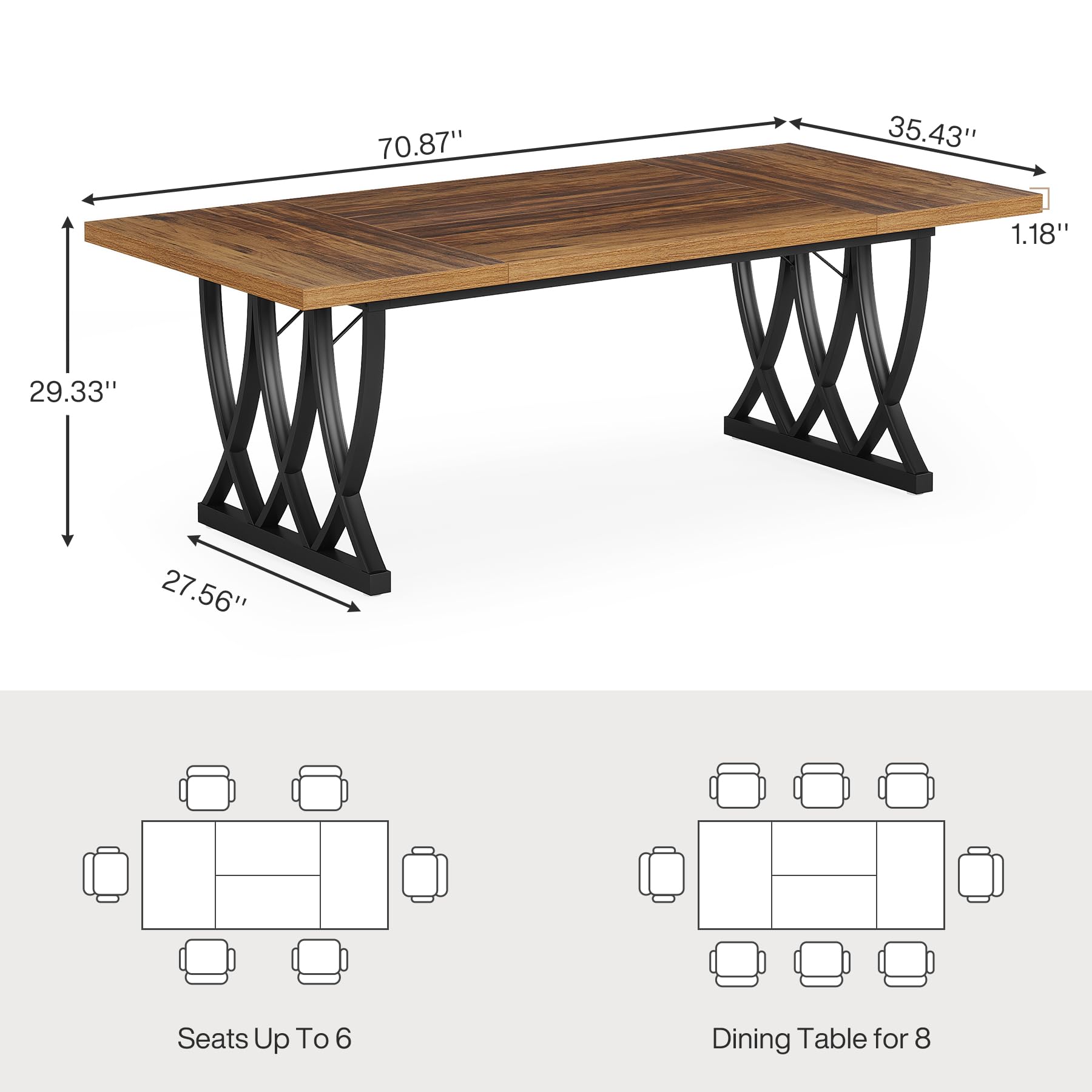 Dining Table for 6-8 People 180cm Rectangle Wood Kitchen Table Dinner Table with Heavy Duty Metal Frame for Kitchen