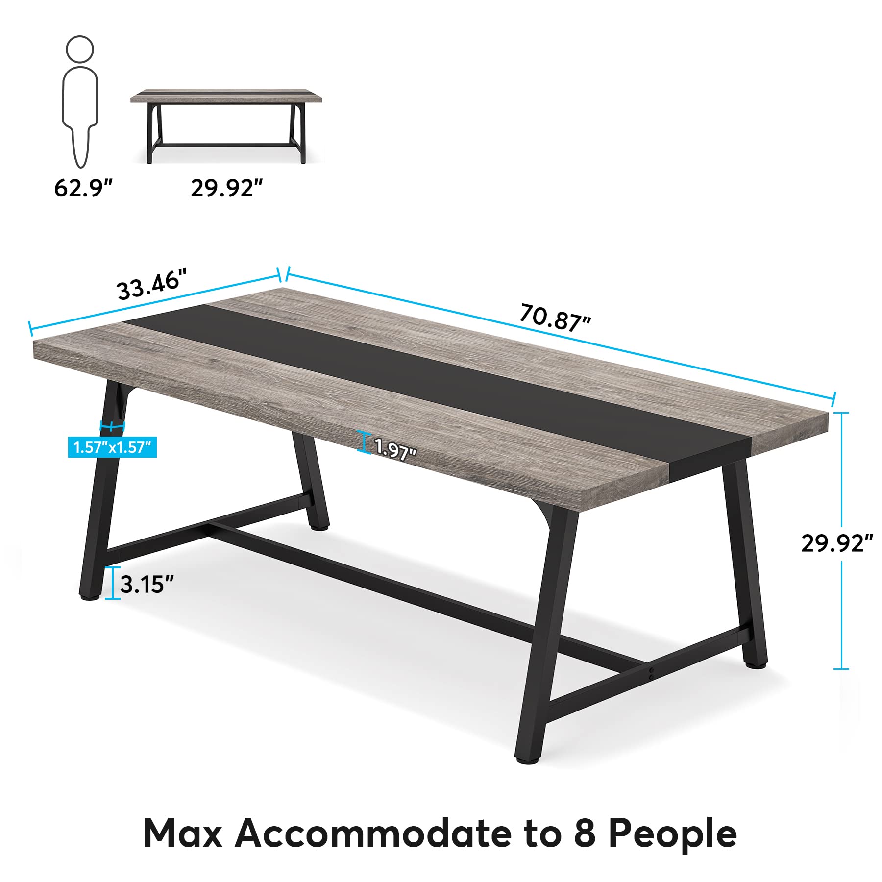 Dining Table for 8 People, 180cm Rectangular Wood Kitchen Table with Strong Metal Frame, Industrial Large Long Dining Room Table for Big Family (Rustic Brown)