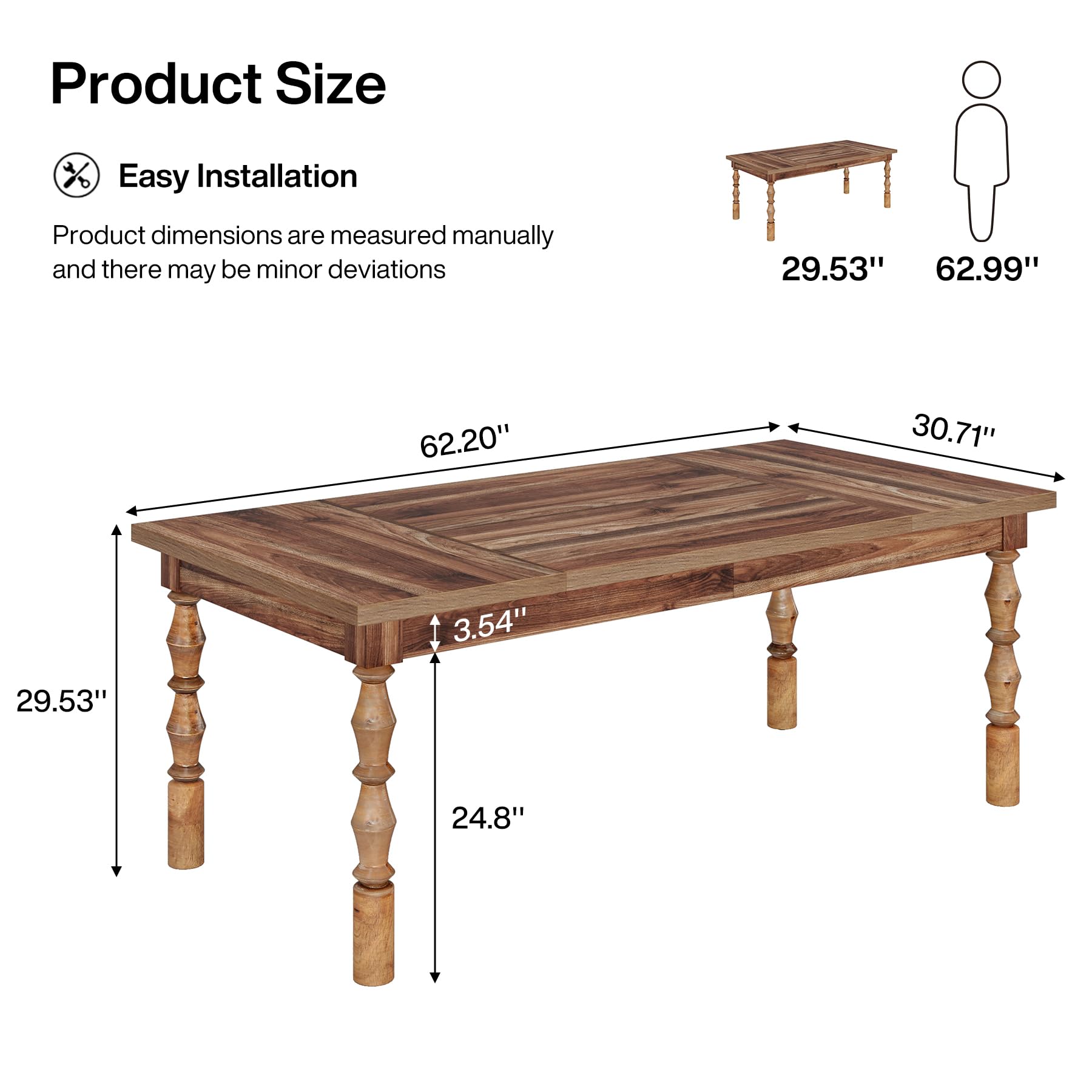 158cm Wood Dining Table for 4-6 People, Farmhouse Large Rectangle Kitchen Table, Dinner Table Kitchen & Dining Room Furniture with Carved Turned Legs, Walnut