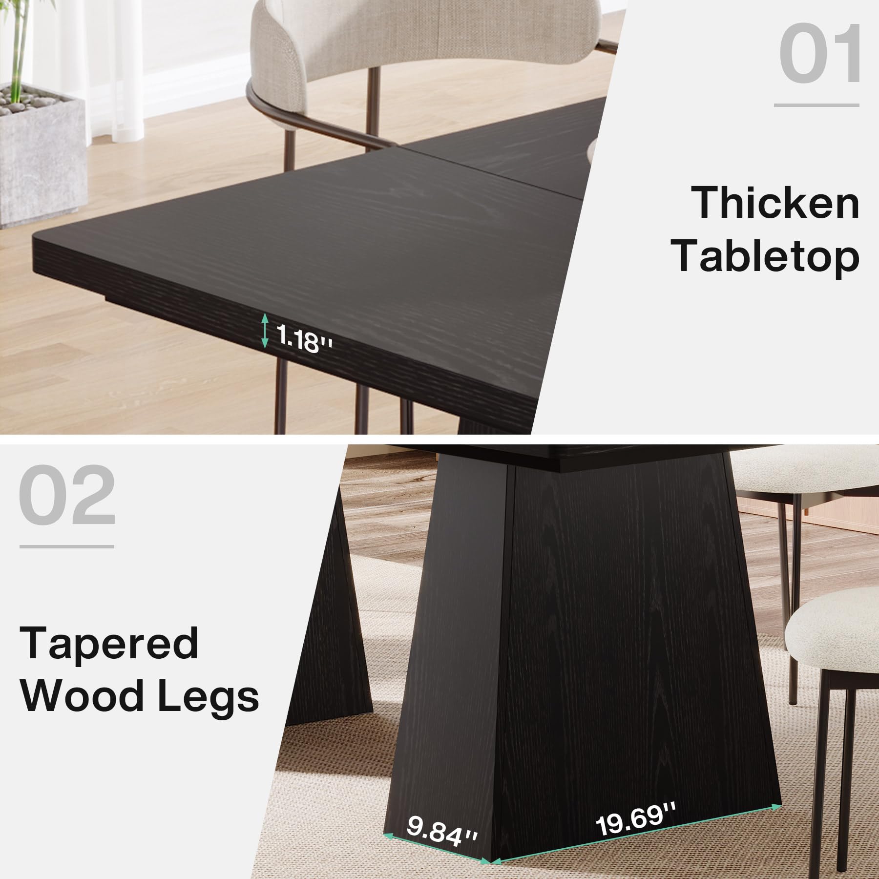 160cm Black Dining Table for 4-6, Modern Kitchen Table with Sturdy Tapered Wood Legs, Rectangular Dinner Table with Large Tabletop for Dining Room, Kitchen, Living Room,Black