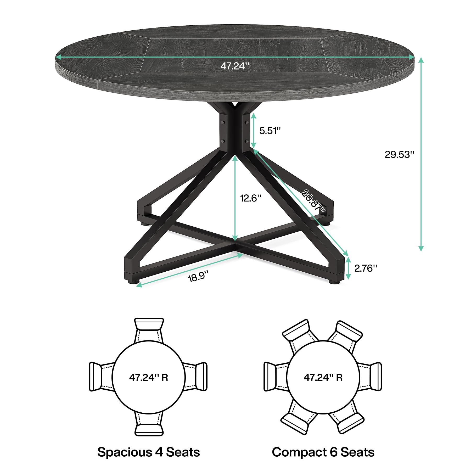 Round Dining Table for 4-6 People 119cm Circle Kitchen Table Dining Room Table with Metal Pedestal Base Wood Dinner