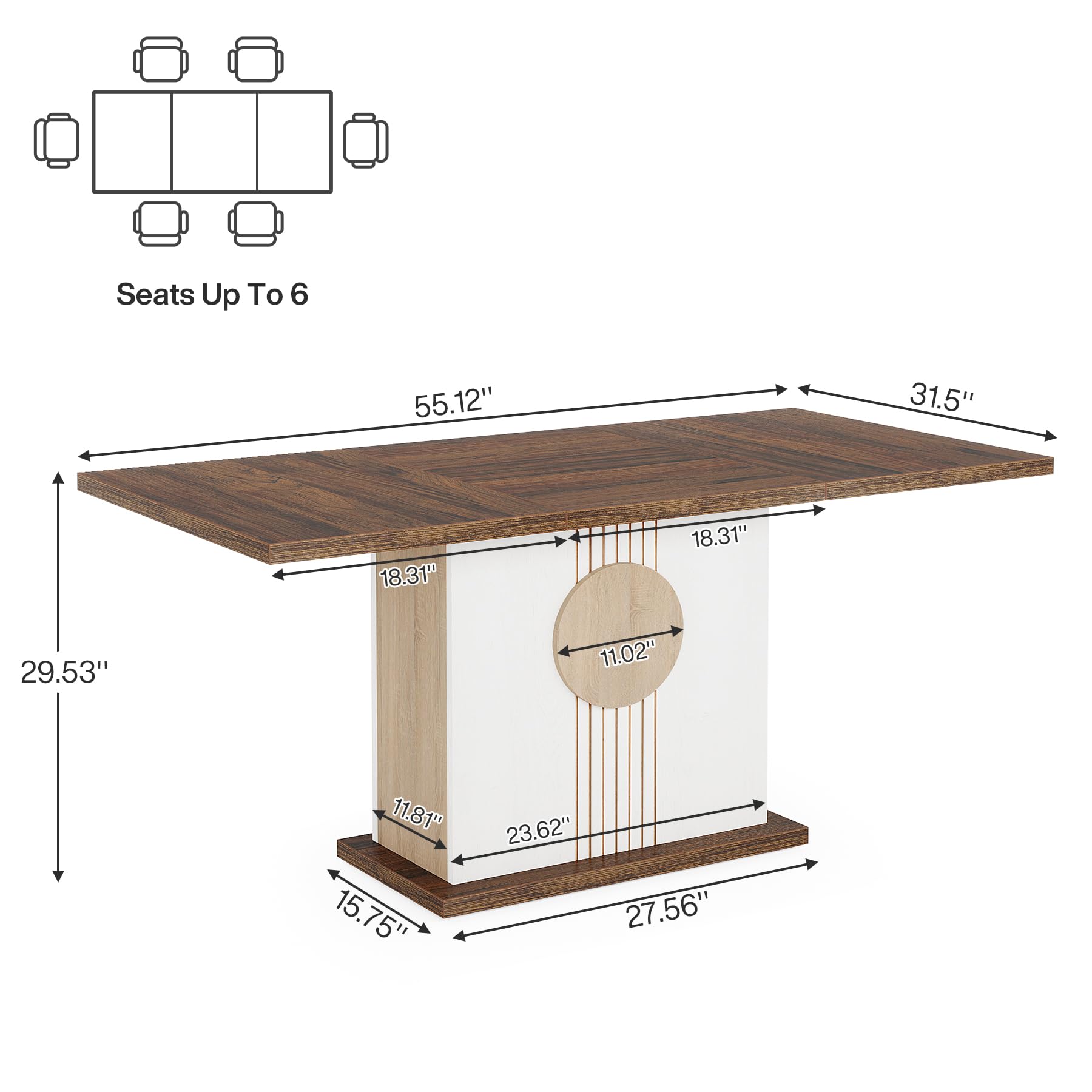 140cm Rectangular Dining Table for 4 to 6 People, Farmhouse Wood Dinner Table for Kitchen, Dining Room & Living Room, Oak Brown & White