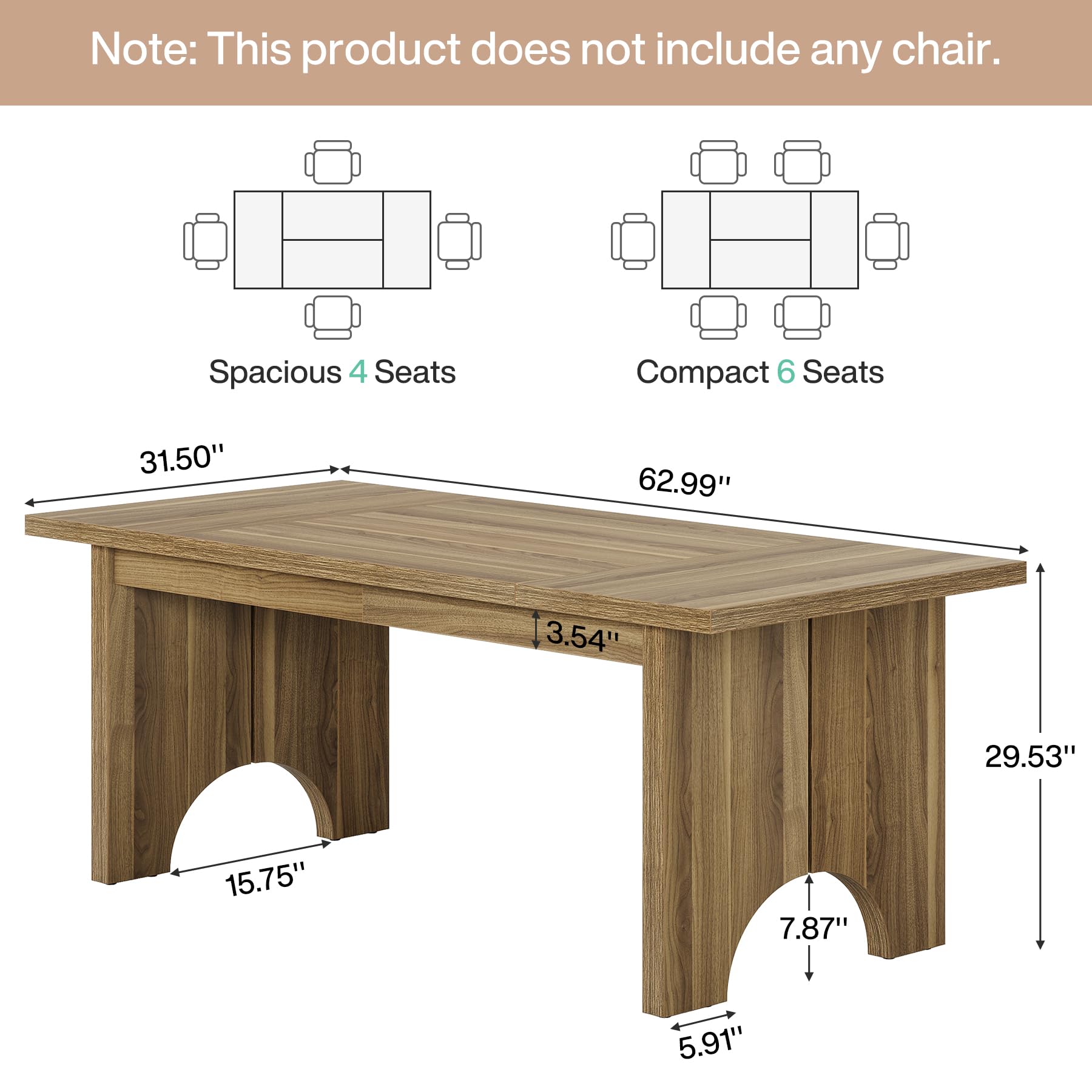 160cm Dining Table for 6 People, Farmhouse Wood Kitchen Table with Double Pedestals, Large Rectangle Dinner Table for Kitchen, Dining Room