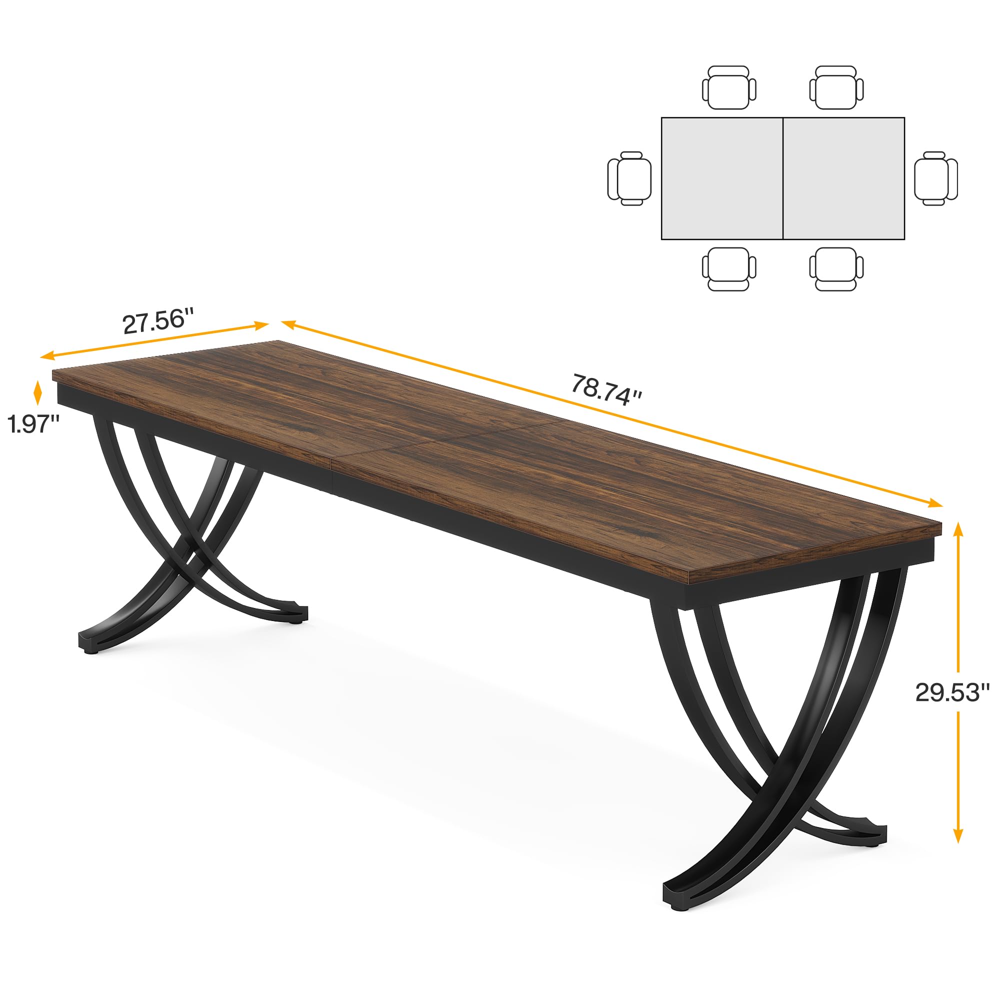 Rectangular Dining Table for 6-8, 78 inch Large Wood Farmhouse Dinner Table with Heavy Duty Metal Legs and Wooden Top for Kitchen Dining Room Living Room, Black Brown (Only Table)