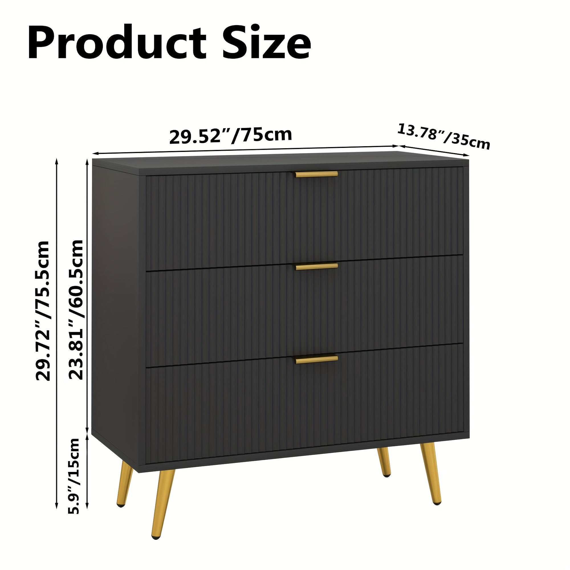 Fluted Accent 3 Drawer Dresser Mid Century Modern Chest of Drawers with Wide Drawers Metal Legs Storage Dressers Chest