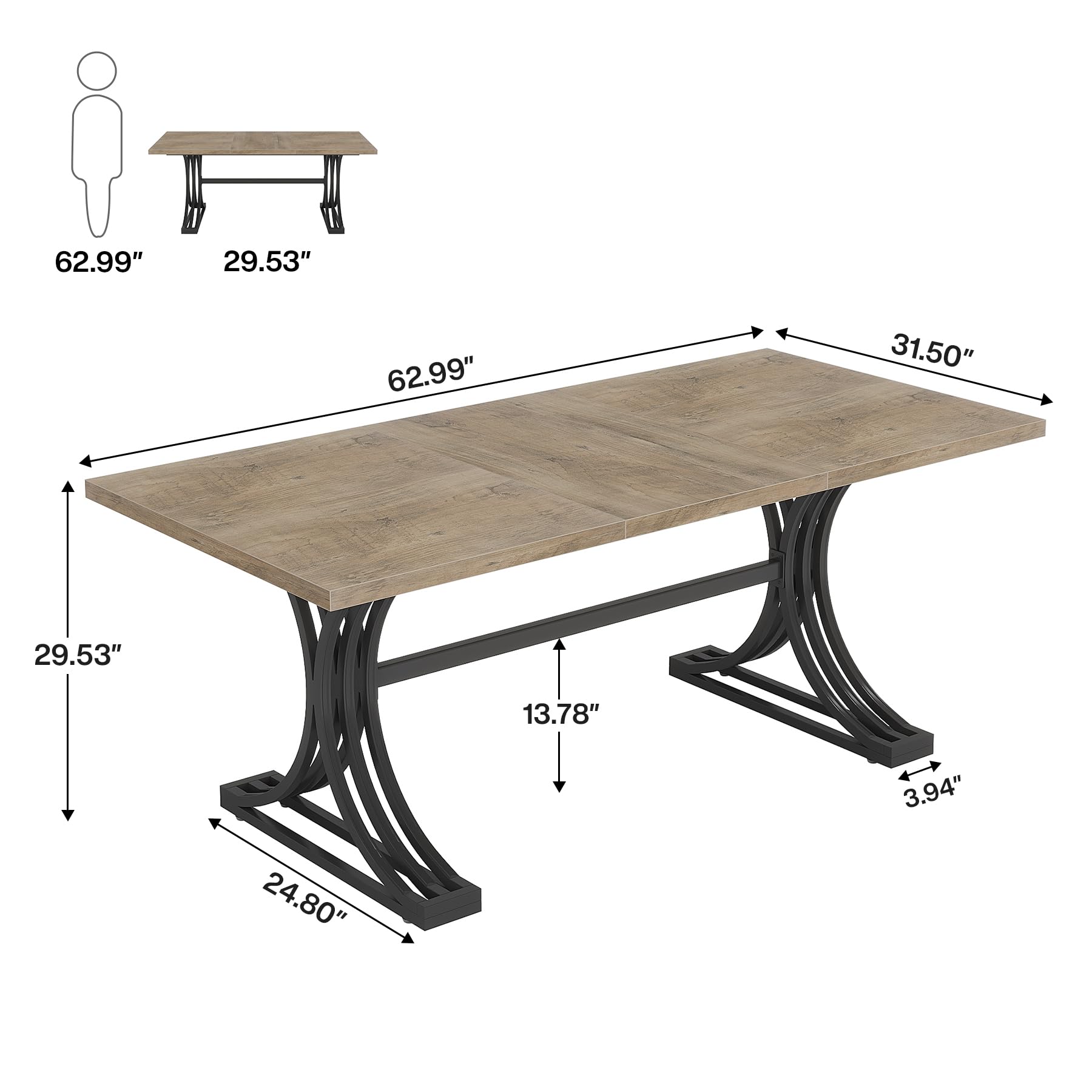 160cm Rectangular Dining Table for 4 to 6, Modern Kitchen Table with Stylish Metal Trestle Legs, Large Dinner Table for Dining Room, Chair Not Included (Grey+Black)