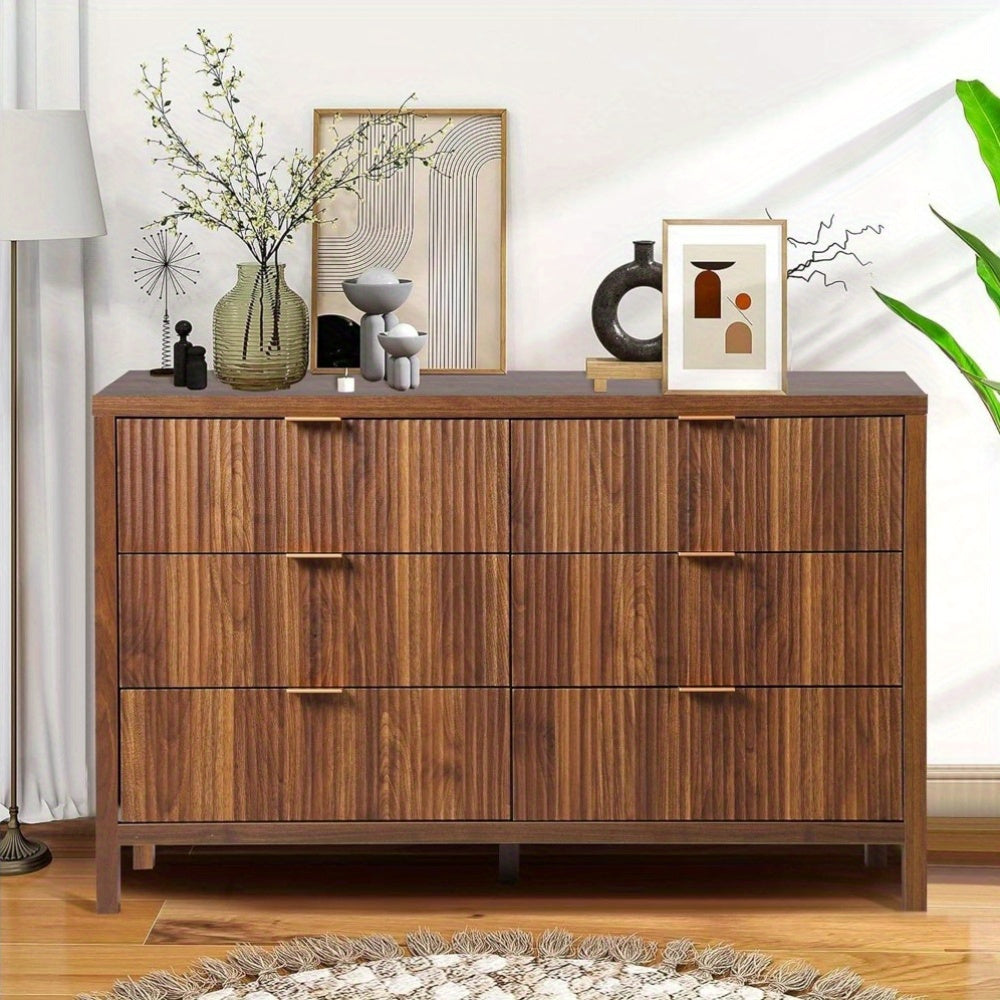 1pc Contemporary Walnut Finish Double Dresser with 6 Fluted Drawers - Hardwood and Metal Construction, Wooden Storage Organizer for Bedroom, Living Room, Hallway - Independent, No Electricity Needed