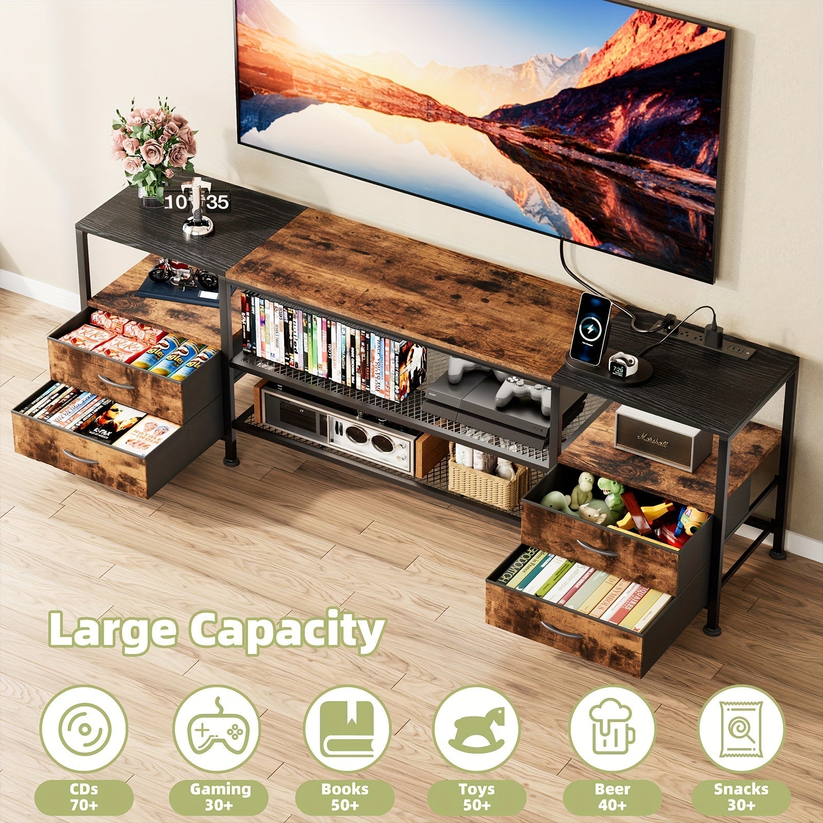 TV Stand For Bedroom, Dresser TV Stand For 65 70 73 Inch TV, White TV Stand With 4 Drawers And Shelf, Long TV Stand With Led Light & Power Outlet, For Living Room, White