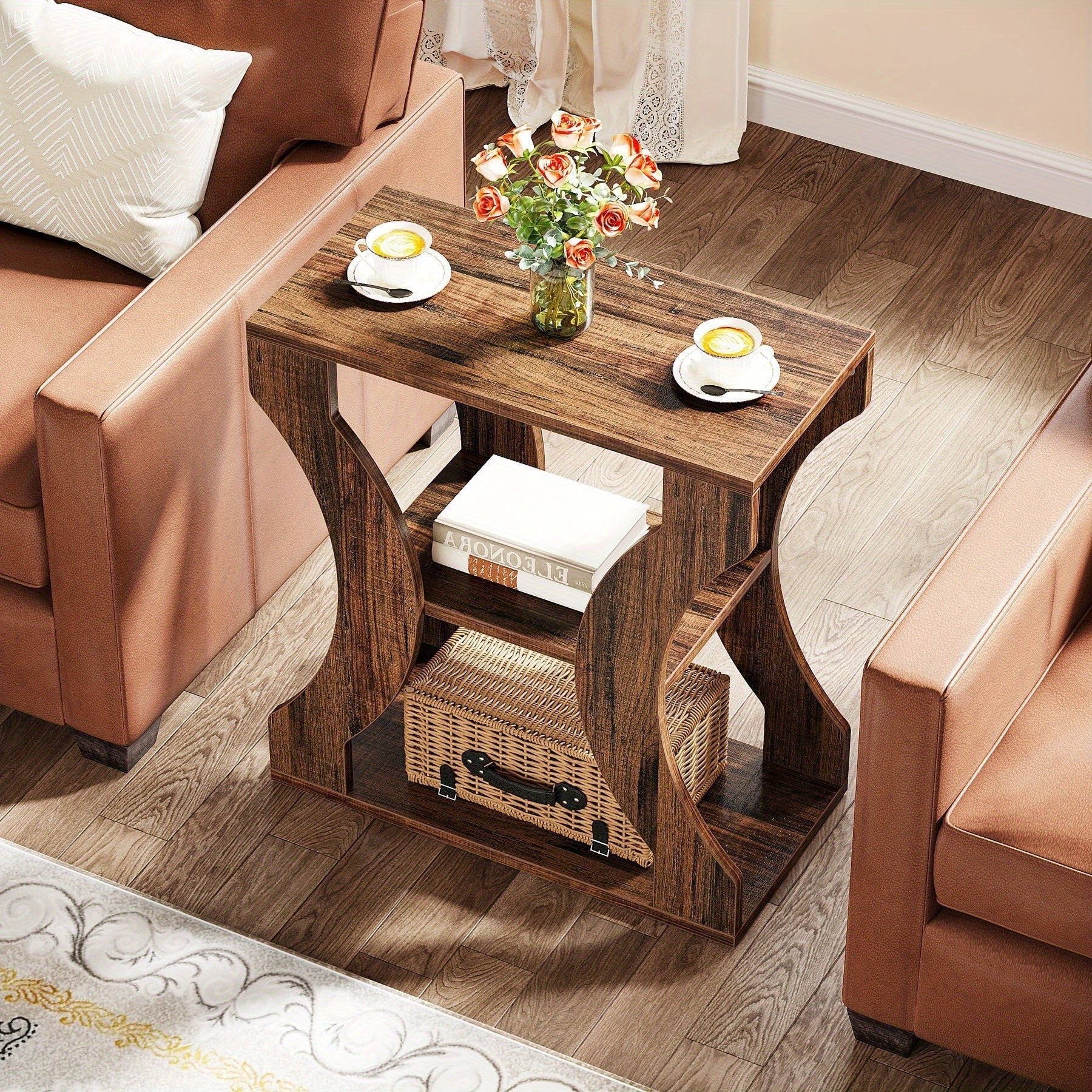 24 Inch Side Table, 3 Tier Farmhouse Side Table with Storage Shelves, can be used as a bedroom nightstand, coffee table