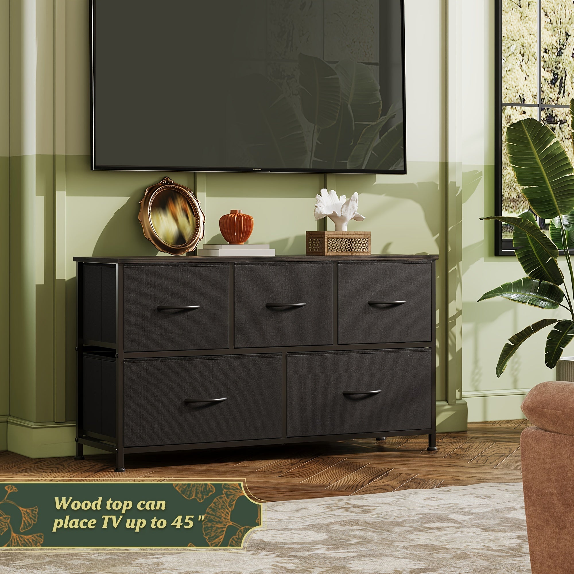 Dresser for Bedroom with 5 Drawers Wide Chest of Drawers Fabric Dresser Storage Organizer Unit with Fabric Bins