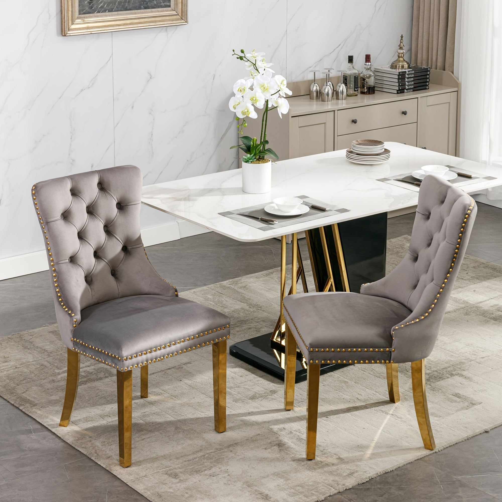 Set of 2 Upholstered High-end Dining Chairs, Tufted Side Chair with Golden Stainless Steel Plating Legs, Nailhead & Back Ring Pull Trim, Kitchen Dining Room Furniture, Tufted Dining Chairs