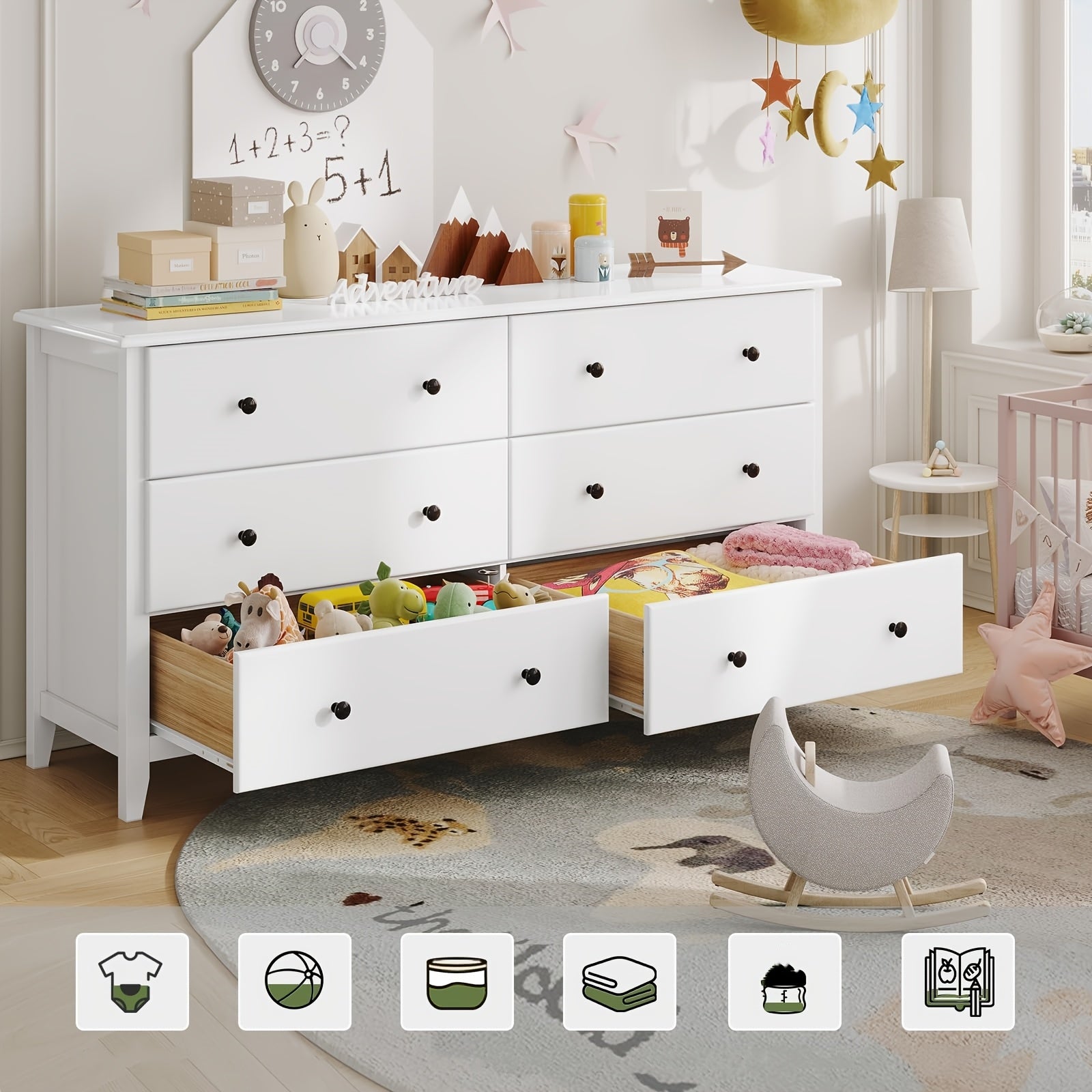 6 Drawer Dresser Large Capacity Storage Cabinet With Metal Slides For Bedroom Living Room White - White - Dresser