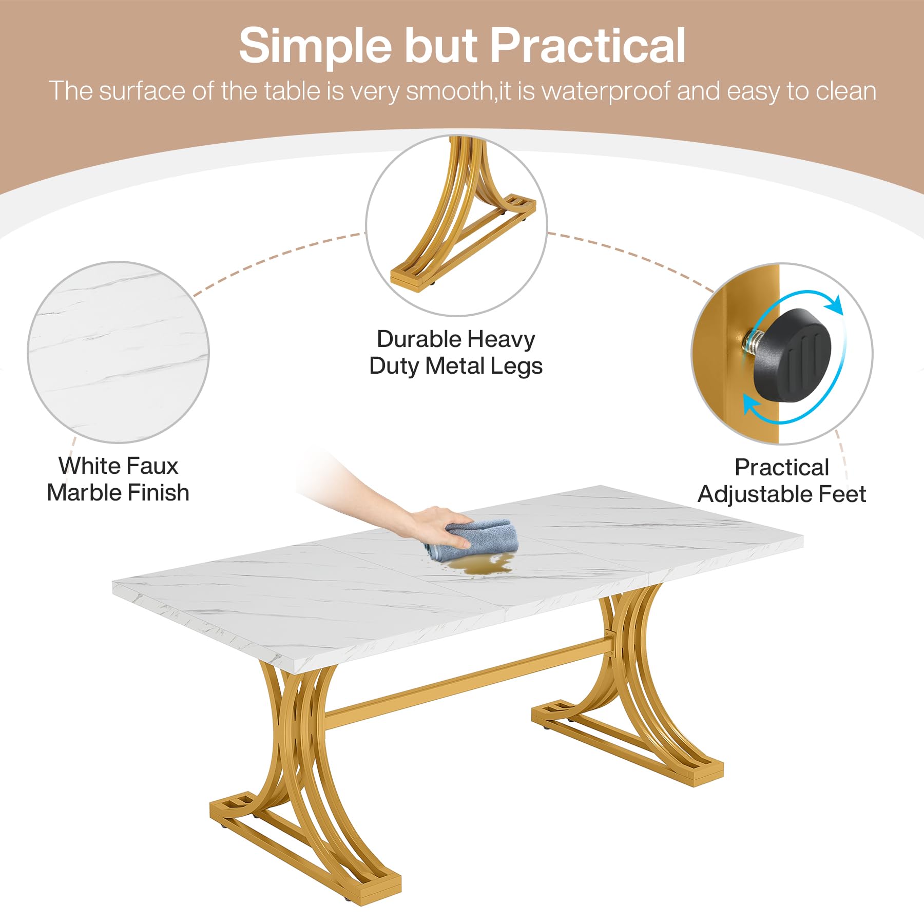 Modern Dining Table with Heavy-Duty Trestle Leg, 180cm Rectangular Kitchen Table for 4, Dinner Table with Faux Marble Table Top, White and Gold （Chair Not Included）