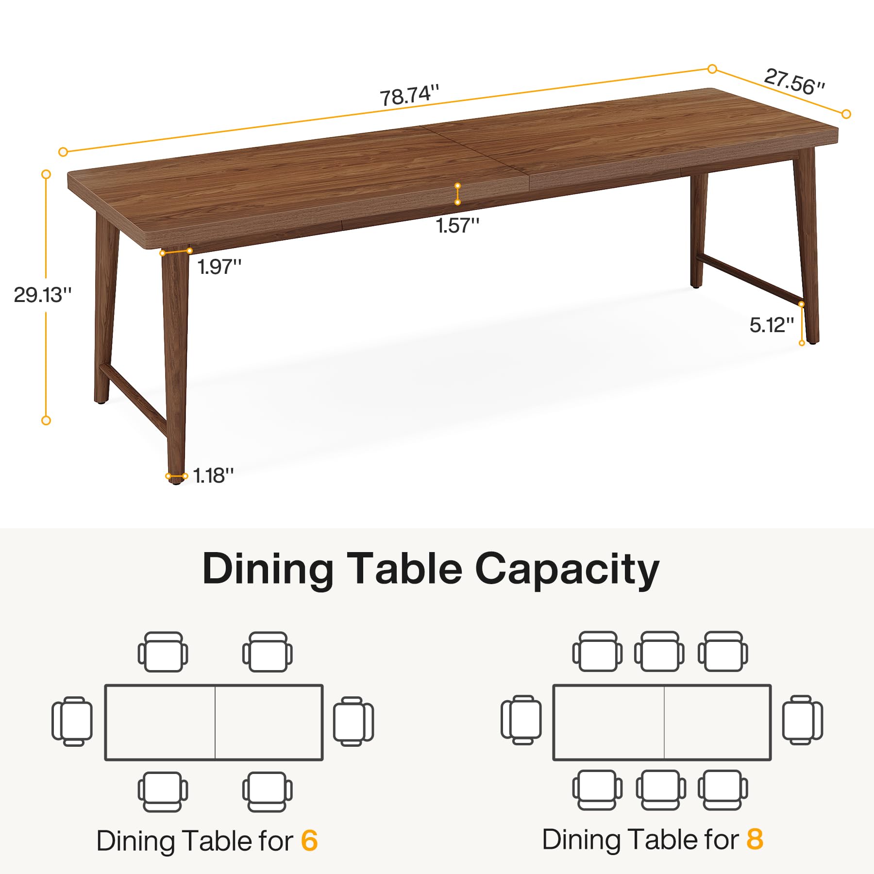 200cm-Dining Table, Mid-Century Modern Kitchen Dining Room Table for 6-8 People, Wood Kitchen Table Dinner Table with Heavy Duty Metal Legs for Dining Room, Rich Walnut