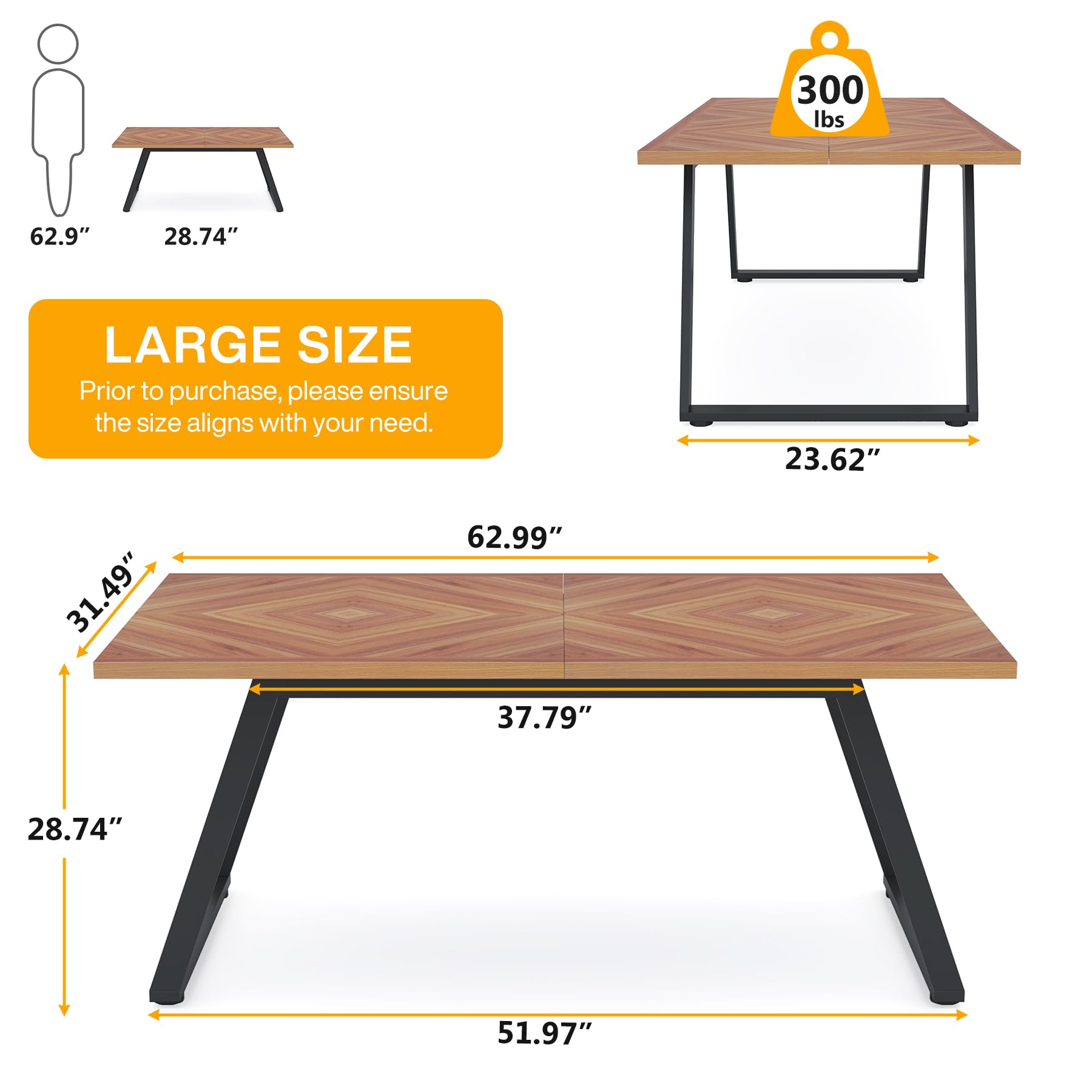 Dining Room Table, Industrial Walnut 160cm W Rectangle Wooden Kitchen Table with Steel Legs Metal Frame, Farmhouse Patio Dinner Table for 6 for Kitchen, Backyard, Home Office