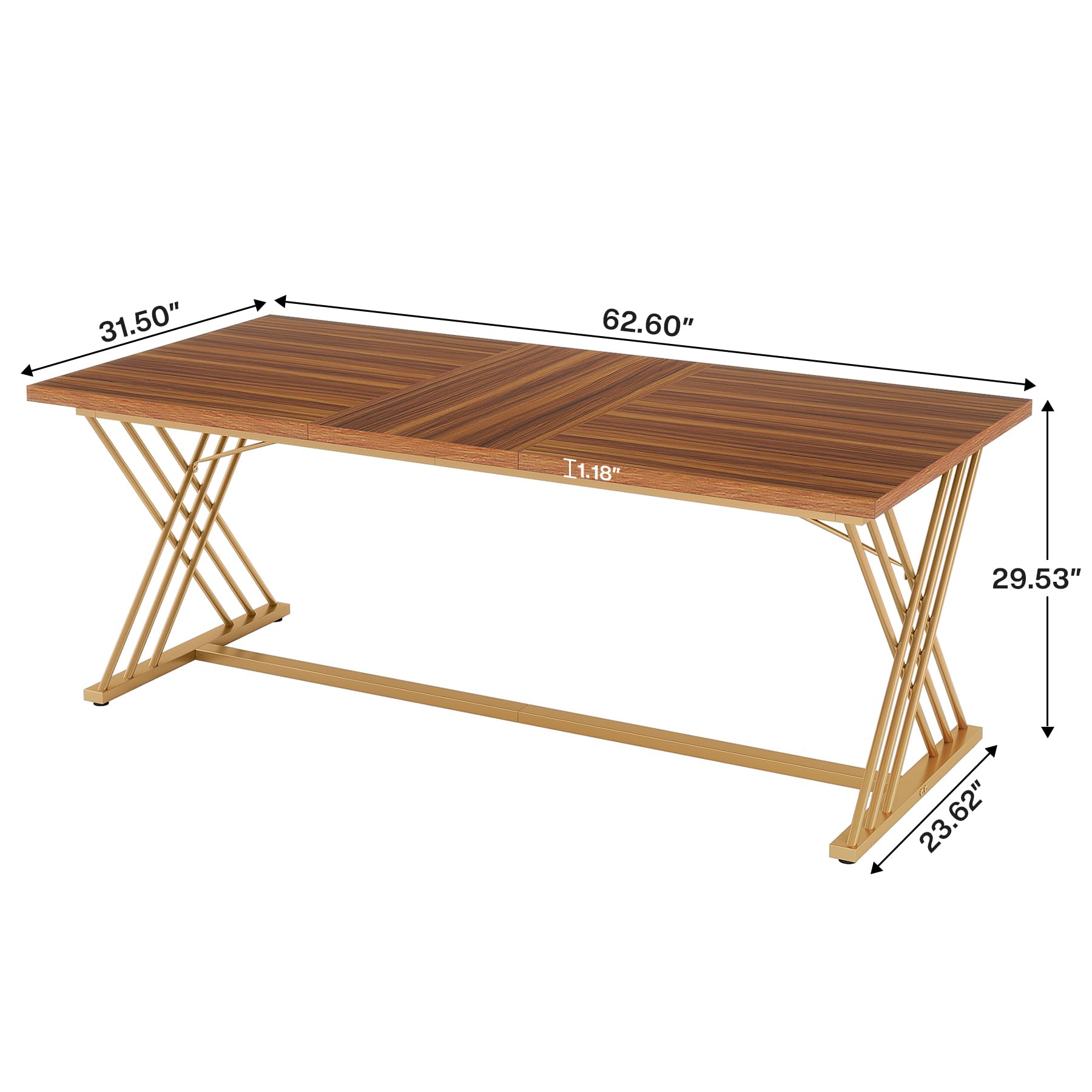 160cm Dining Table for 4-6 People, Industrial Kitchen Table Dining Room Table for Living Room, Kitchen, Rectangular Dinner Table with Gold Metal Frame, Brown