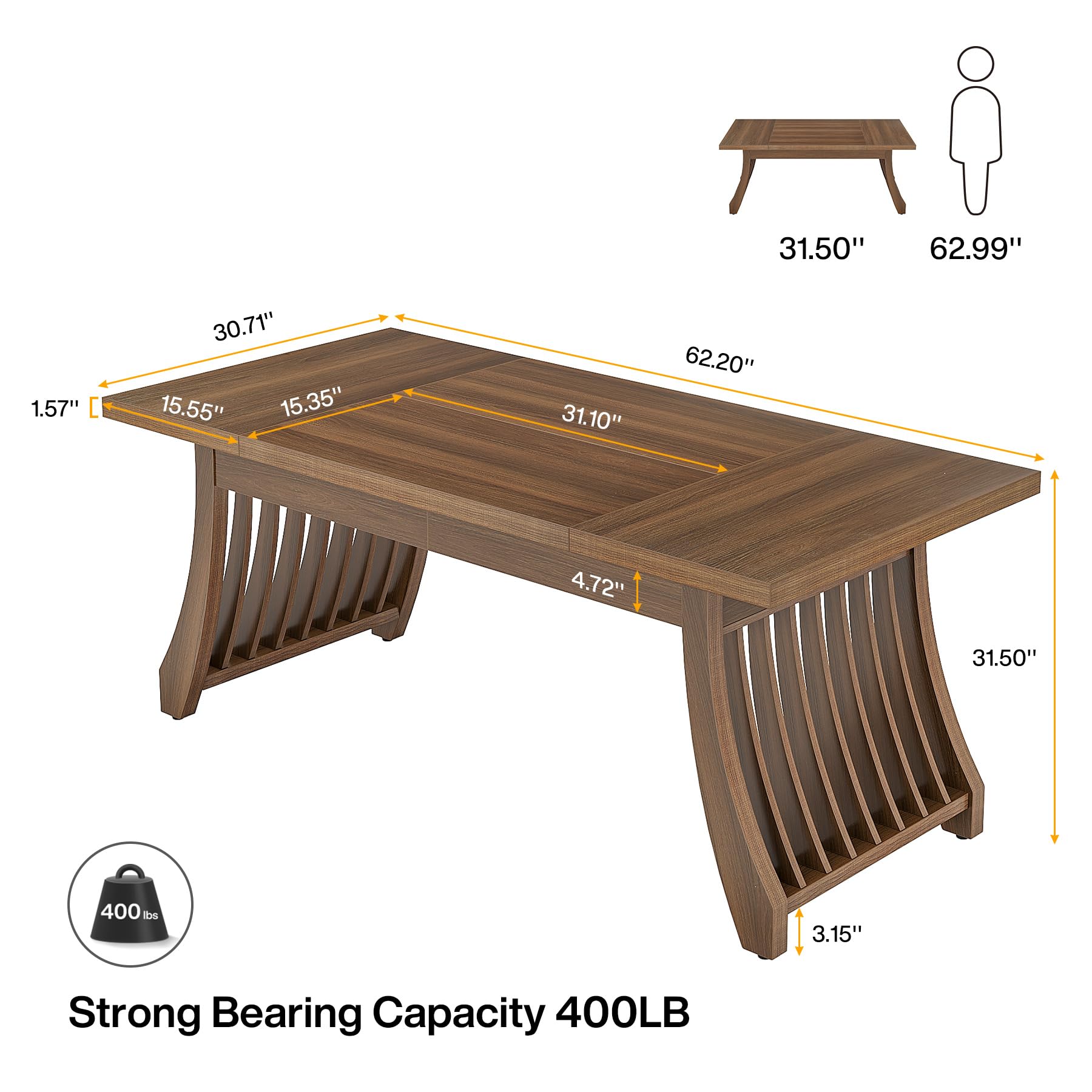 Wood Dining Room Table: 158cm Rectangular Dining Table for 6 People, Farmhouse Wooden Kitchen Table with Heavy-Duty Frame, Rustic Large Dinner Table